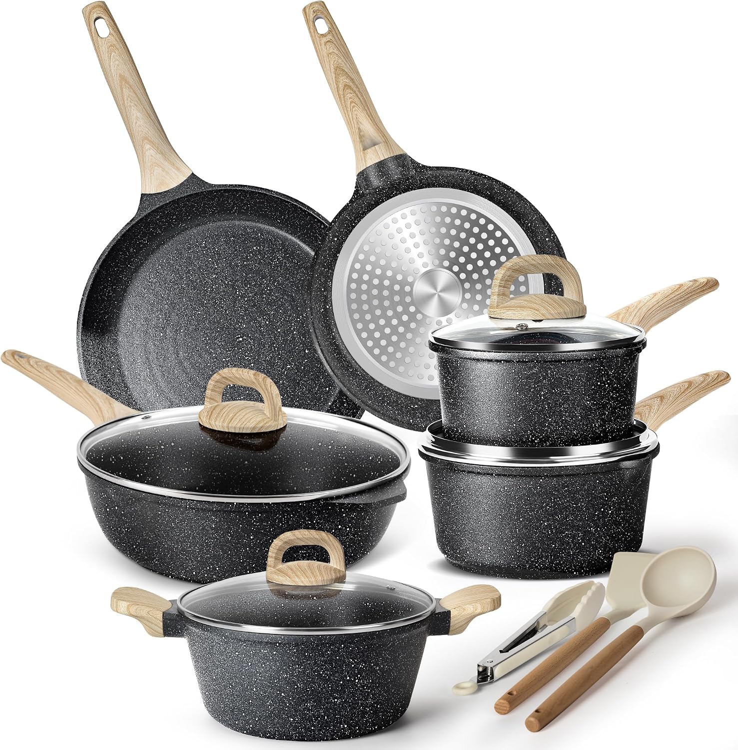 Terlulu Induction Hob Pots and Pans Set - 13pcs Nonstick Cooking Pans Set, Black Granite Cookware Set with Lid, Non Stick Saucepan Set, Frying Pan Set, PFAS PTFE PFOA PFOS Free