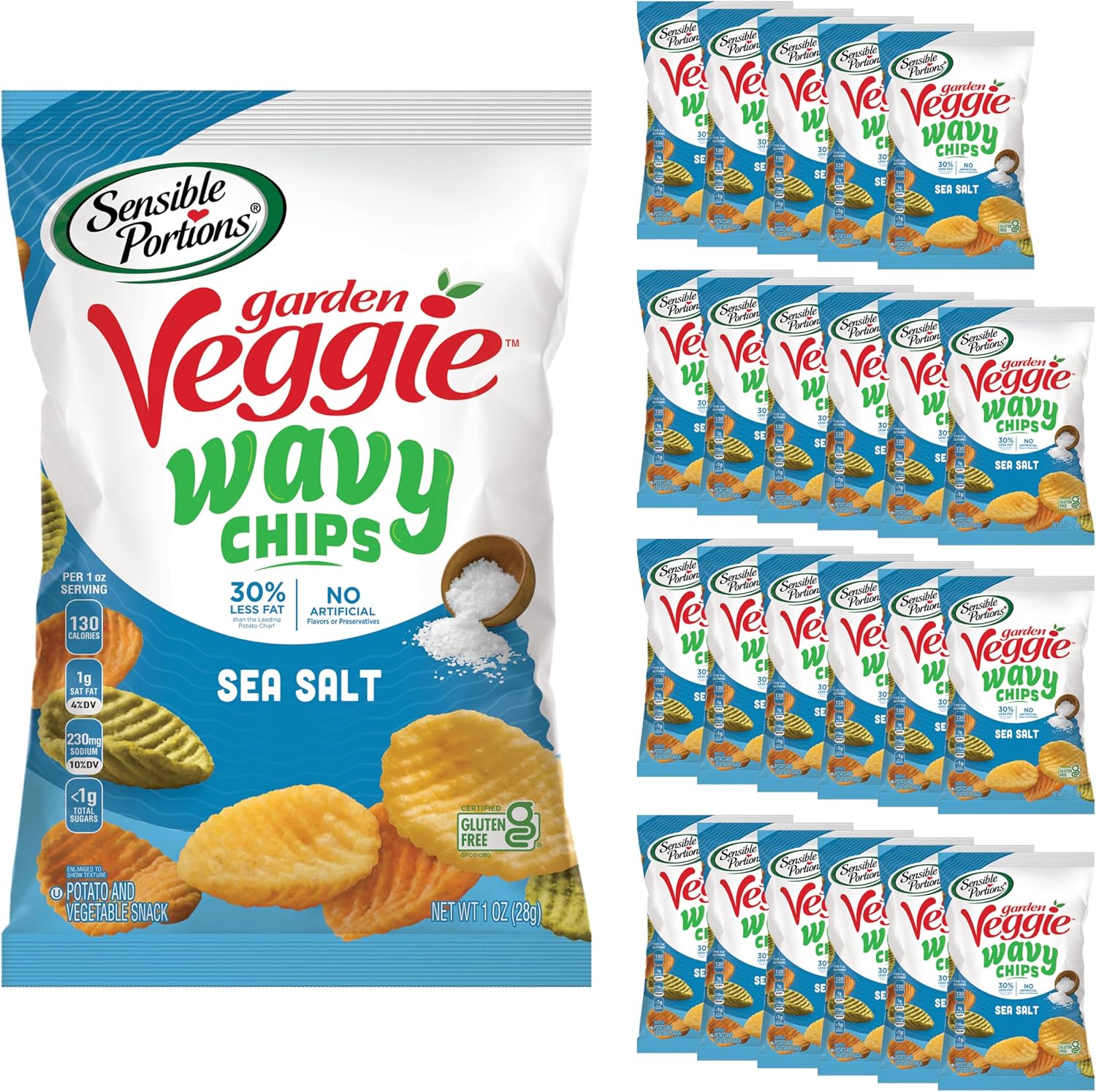 Sensible Portions Garden Veggie Wavy Chips, Sea Salt, Snack Size, 1 Oz (Pack of 24)