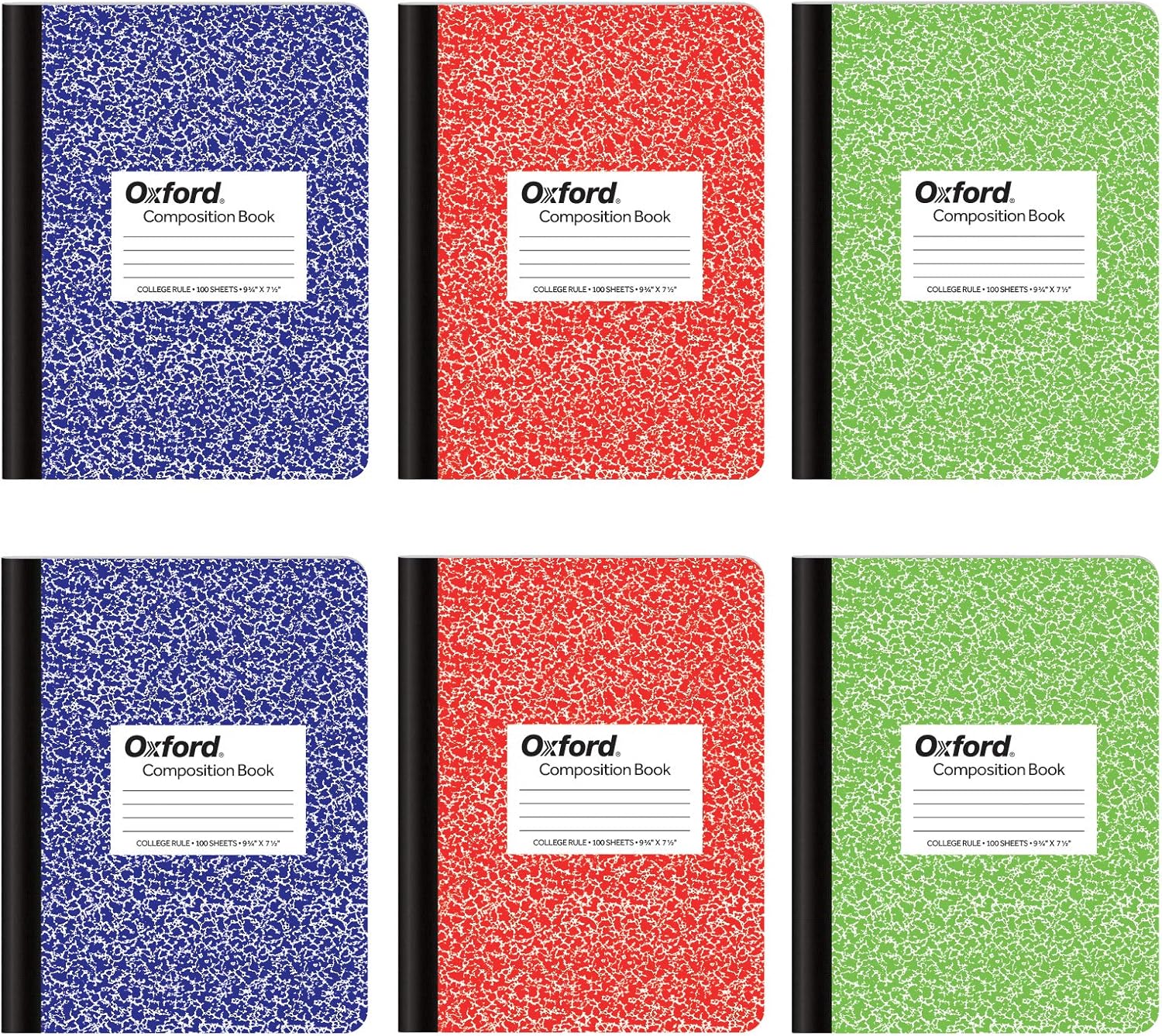 Oxford Composition Notebook 6 Pack, College Ruled Paper, 9-3/4 x 7-1/2 Inches, 100 Sheets, Assorted Marble Covers. 2 Each: Blue, Green, Red (63763)