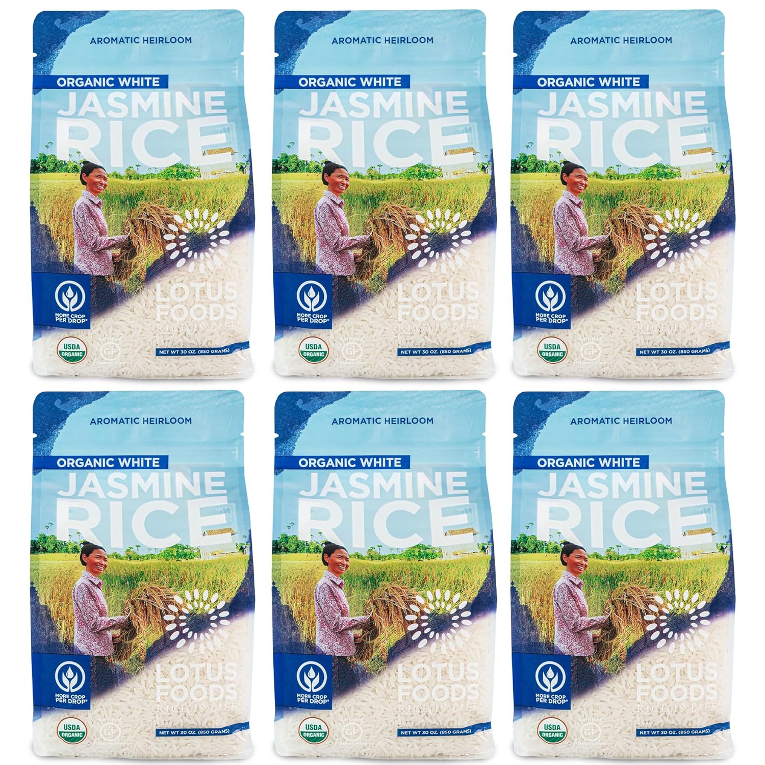 Lotus Foods Organic White Jasmine Rice, Jasmine Rice - 30 Oz (Pack of 6) | Long Grain Asian Sticky, USDA Organic, Vegan, Gluten Free
