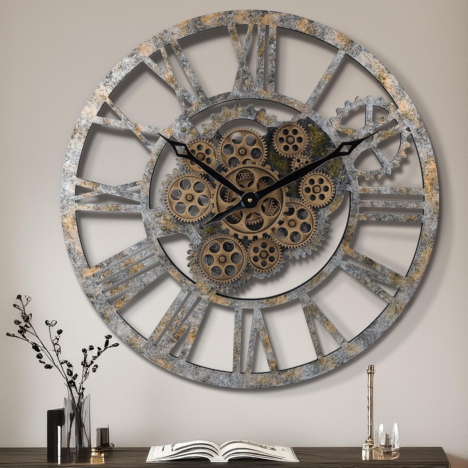 Lafocuse 23 Inch Gear Clock with Moving Gears Exposed, Farmhouse Rustic Large Wall Clock with Gears, Steampunk Moving Gears Wall Clock Bronze for Living Room Decor Office Home