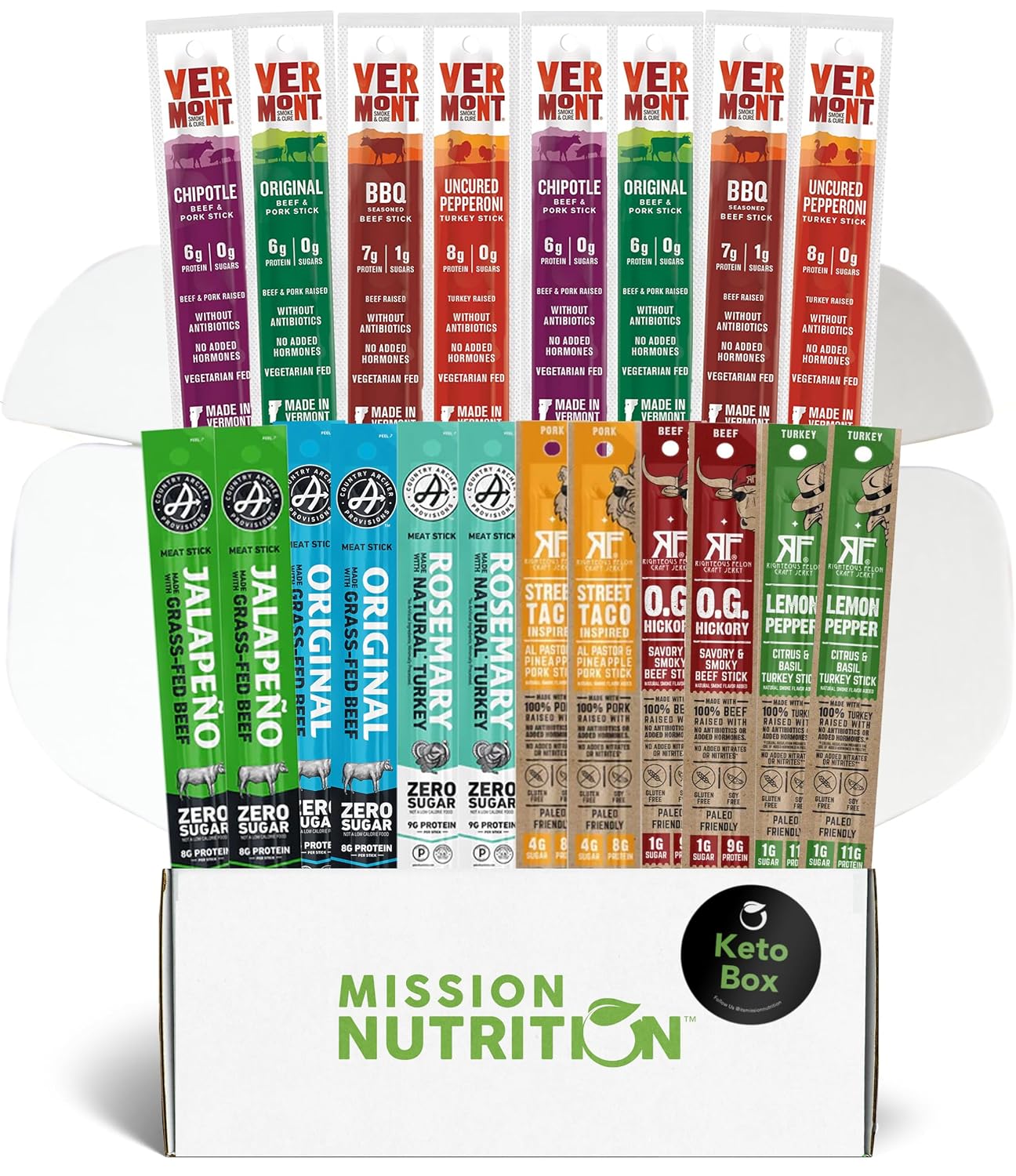 Mission Nutrition Snack Box: 20 Pack Variety of Meat Sticks featuring Vermont, Country Archer & Righteous Felon – Beef Jerky Sticks all High Protein, Low Carb, Keto-Friendly, Gluten-Free