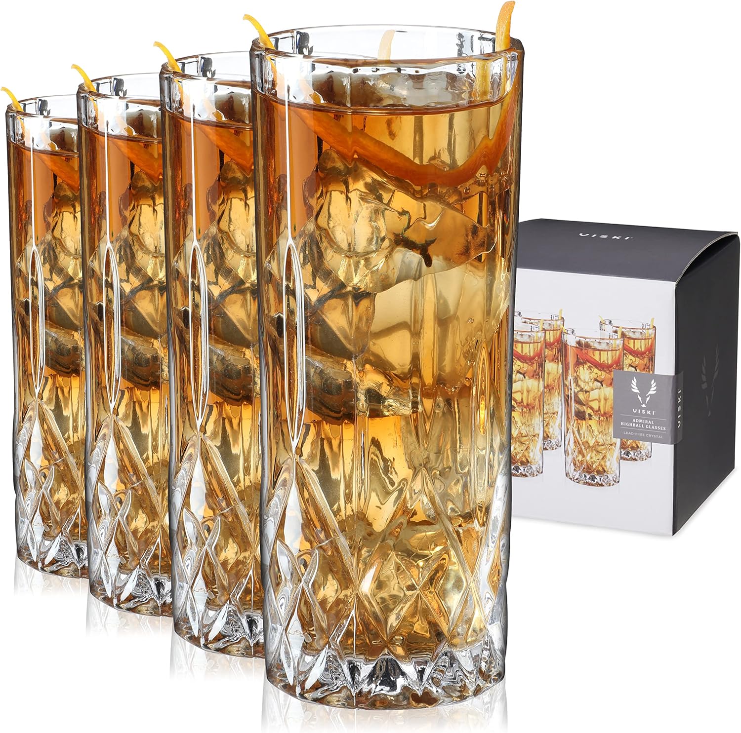 Viski Admiral Highball Glasses, Crystal Drinking Glasses, Elegant Glassware for Whiskey, Vodka, Cocktails, Perfect for Home Bars, Indoor & Outdoor Parties, Stylish Drinkware, 9 oz, Set of 4