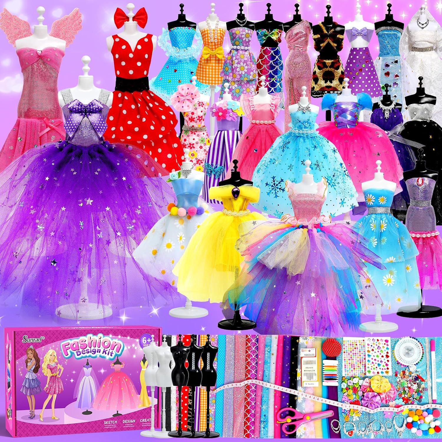 1000+ Pcs Fashion Designer Kit for Girls with 5 Mannequins,DIY Arts & Crafts Kit Learning Toys Sewing Kit for Kids,Learning Toys Sewing Kit for Teen Girls Birthday Gift Age 6 7 8 9 10 11 12+