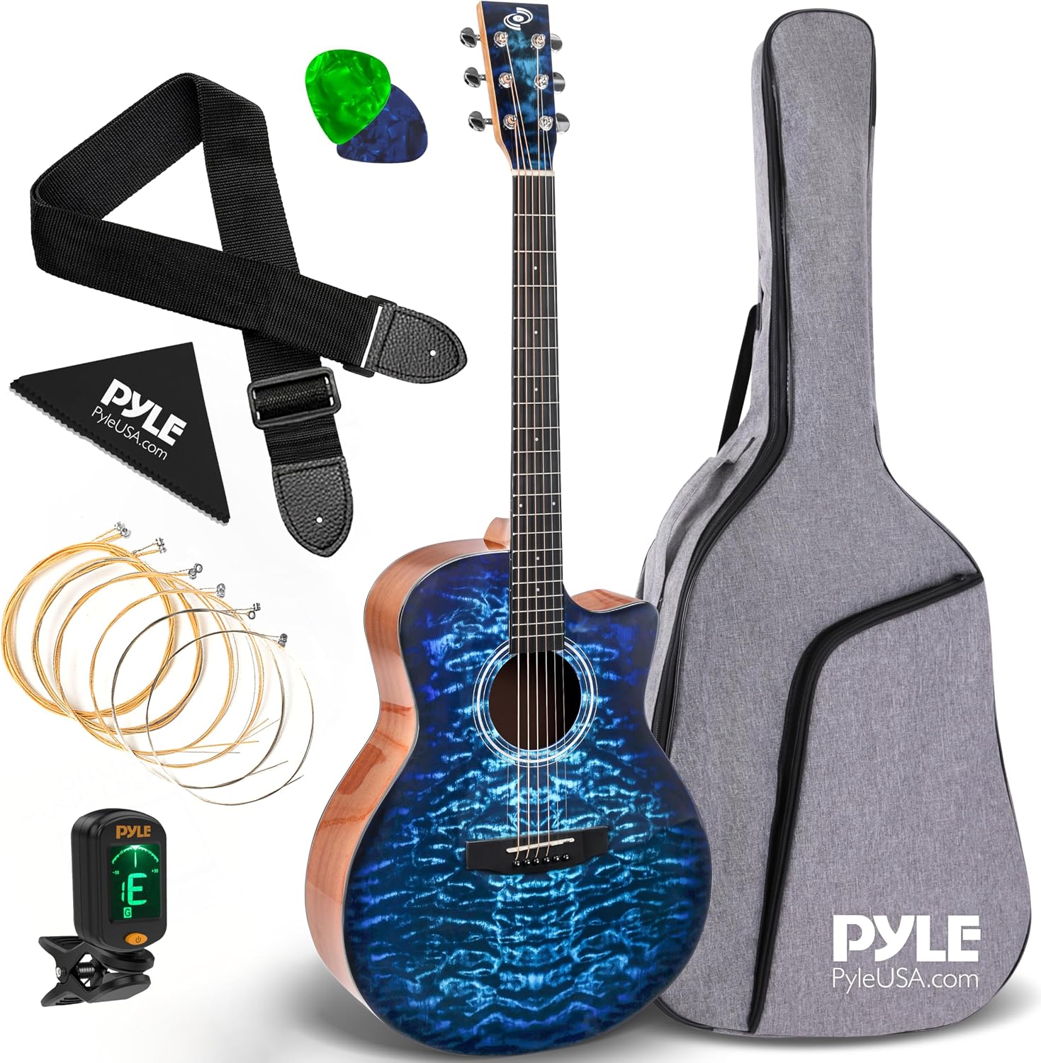 Pyle Full Size Classical Guitar - Steel String, 41" Blue, Gig Bag, Tuner, Extra Strings, Strap, Picks, Right
