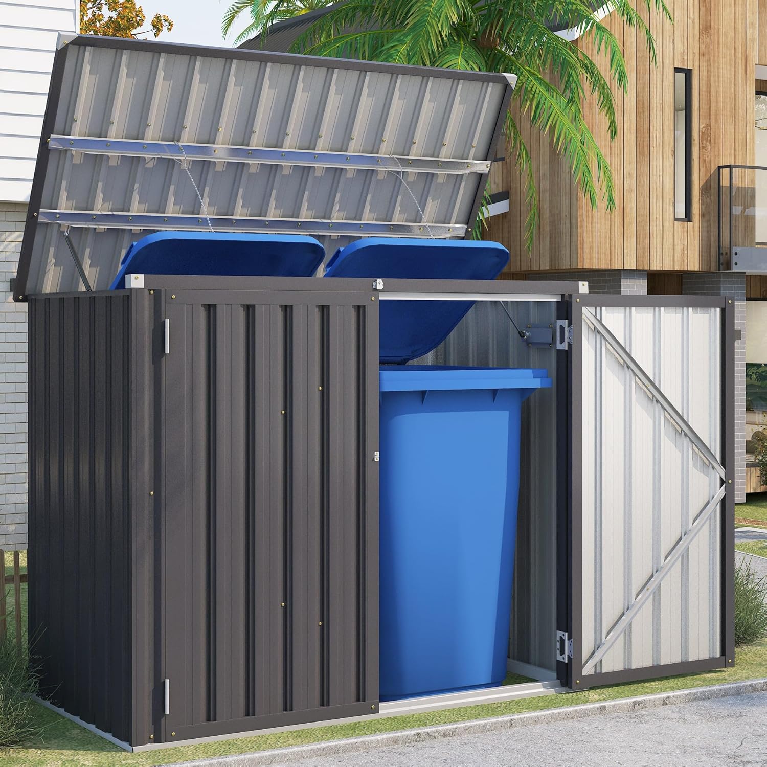 U-MAX 1.5x0.8m Garden Storage Box, Metal Outdoor Shed with Double Door,Waterproof Outside Sheds Outdoor for Trash Cans & Tools,Dark Grey