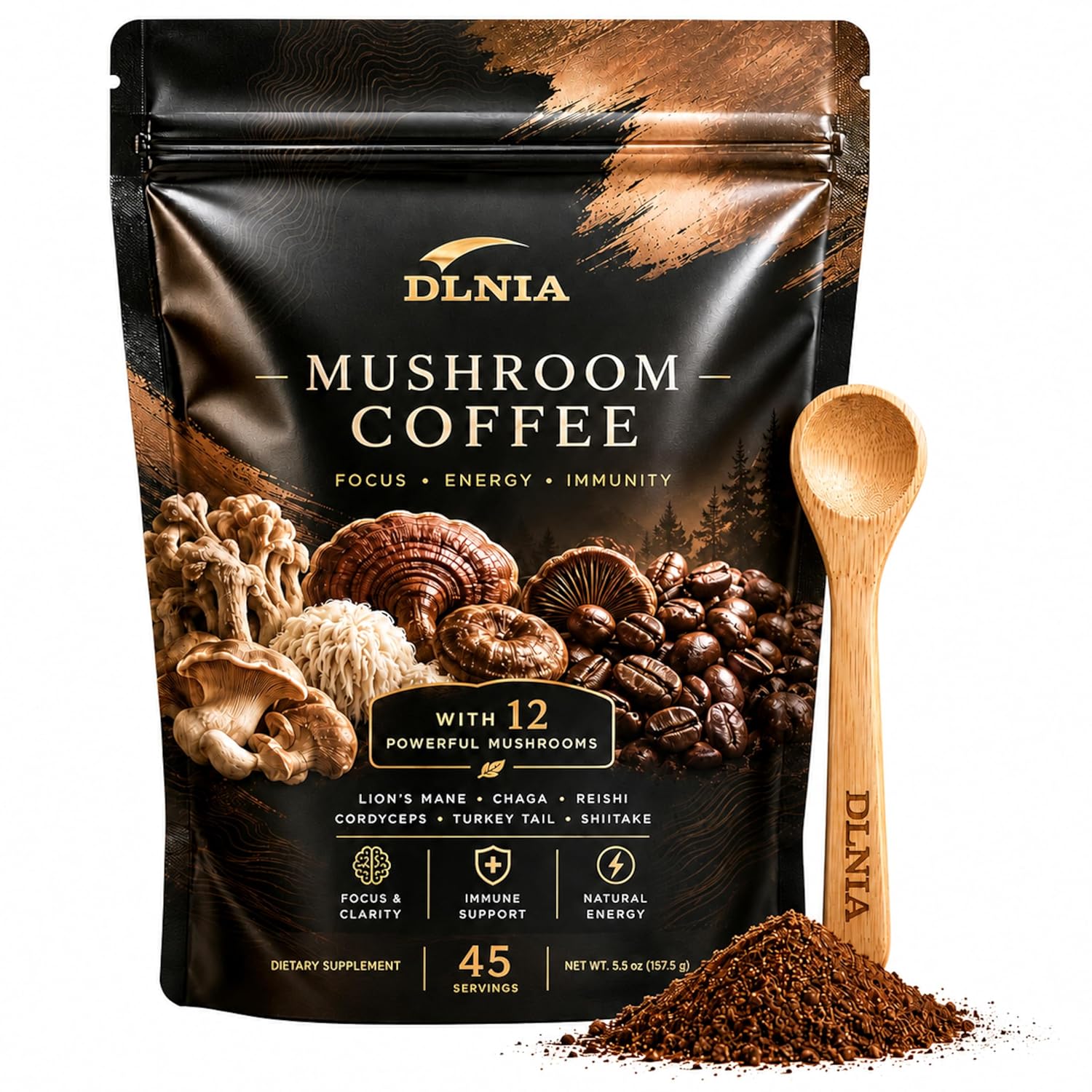DLNIA Instant Organic Mushroom Coffee with 12 Adaptogenic Mushrooms, Arabica Beans, Coconut Milk & MCT Oil | Cordyceps, Lion’s Mane & Turkey Tail Instant Coffee for Better Energy, Focus, Digestion, Immunity