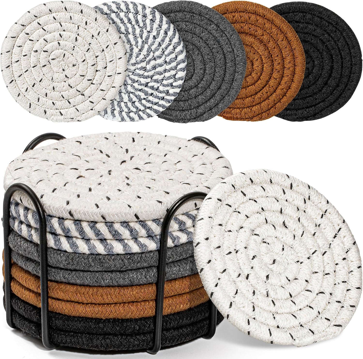 Craftizon 10 Pcs Drink Coasters with Holder, 5 Colors Absorbent Coasters for Drinks Minimalist Cotton Coaster Cup Coasters Set Woven Coasters for Coffee Table Home Decor Tabletop Protection, 4.3 Inch