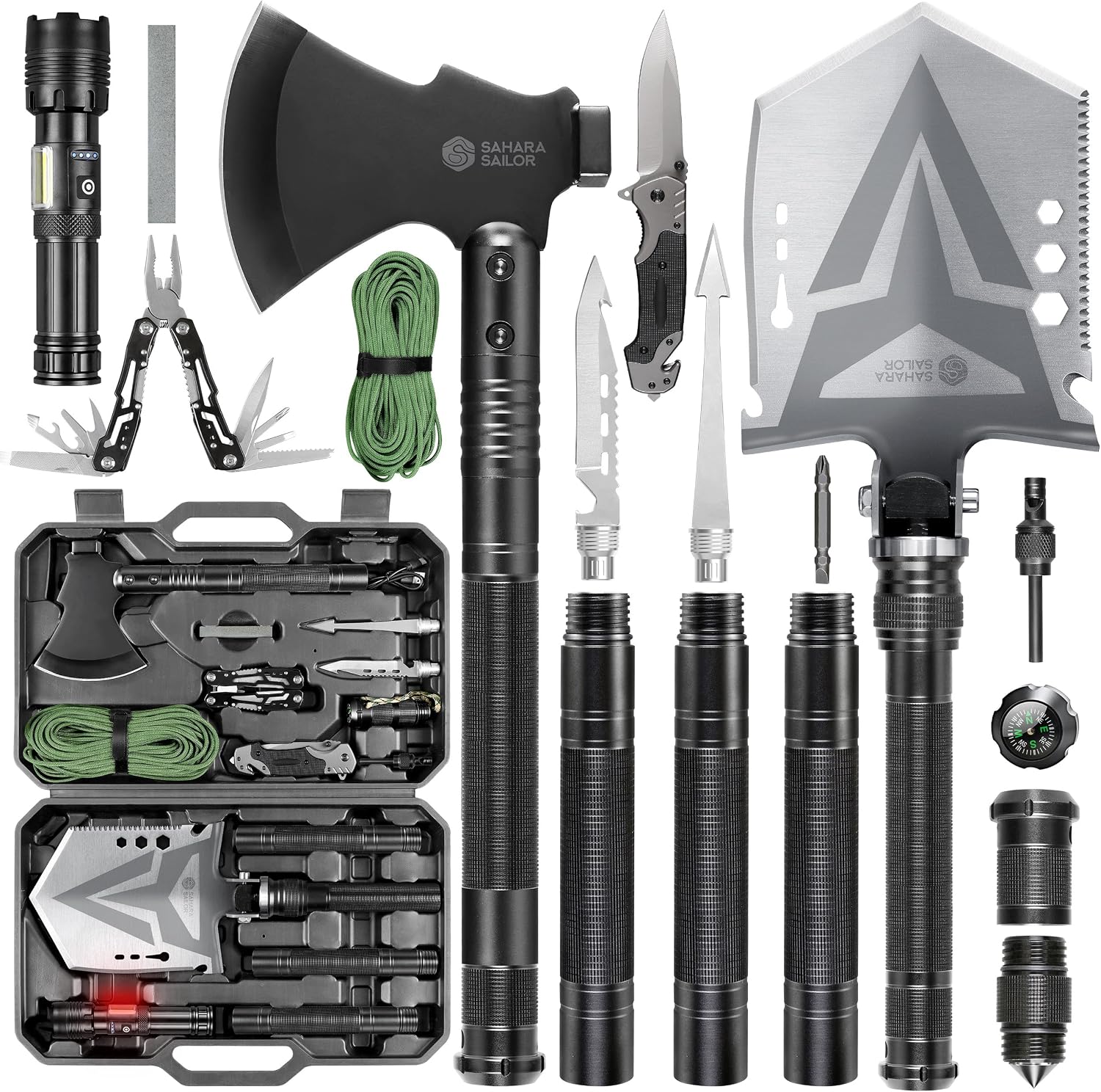 Sahara Sailor Folding Camping Shovel Axe Kit Military Grade, Multifunctional Survival Tactical Shovel with Paracord, Dual Color Flashlight, Whetstone, Emergency Gear for Camping