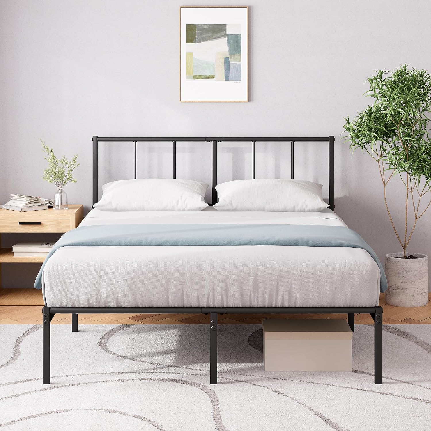Zinus Justin Double Bed Frame – Bed 190x135 cm – 35cm Height – Metal Bed Frame with Headboard – Platform bed frame with steel slat support – Modern Design - Easy Assembly – Black