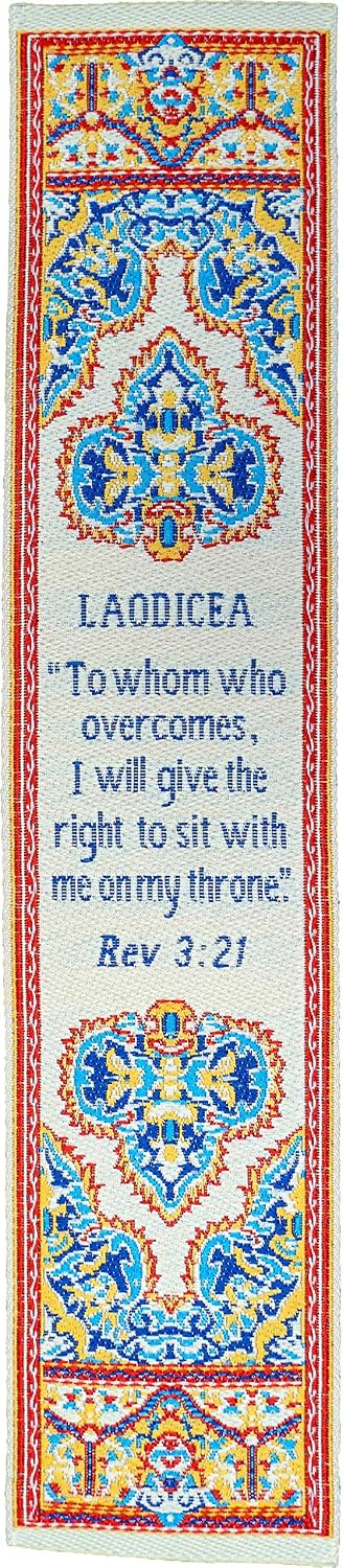 Woven Fabric Christian Bookmark, Laodicea, Signs of The End Times, Promises of The Seven Churches of Revelation, Silky Soft Revelations 3:21 Bookmarker for Novels Books and Bibles