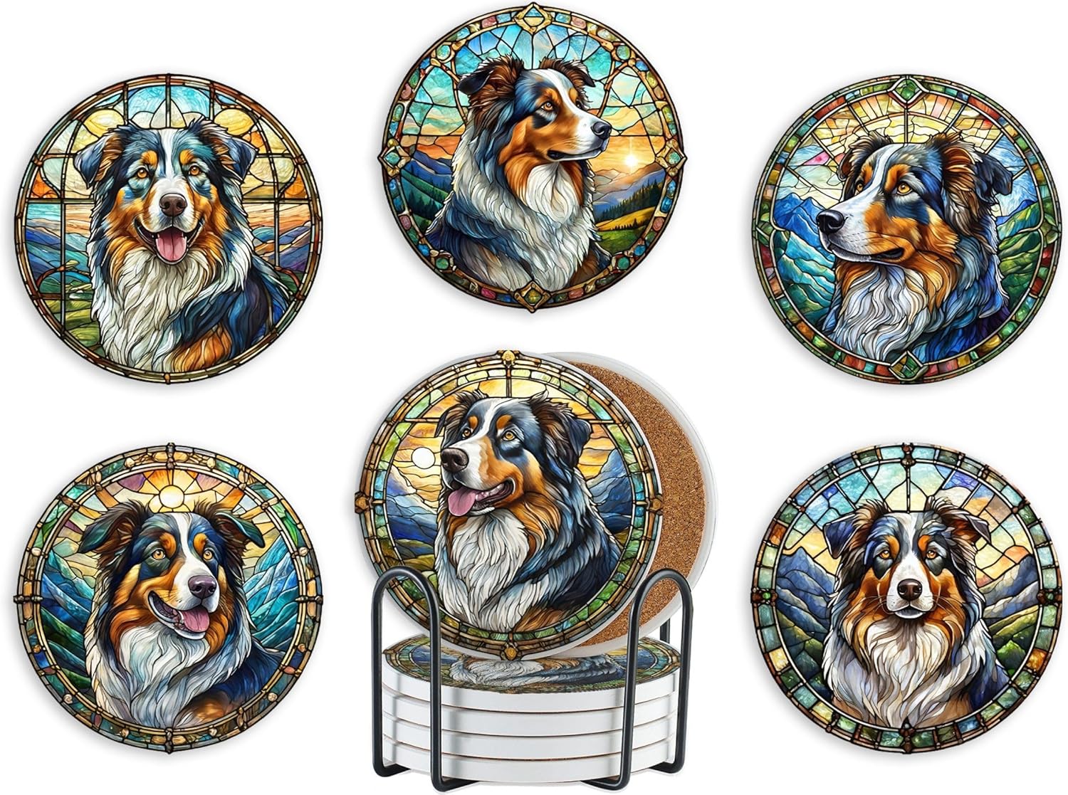 Australian Shepherd Gifts for Women, Aussie Gifts, 6 PCS Ceramic Coasters, Absorbent with Cork Base, Home Decor for Family, Housewarming, Thanksgiving, Birthday, Christmas