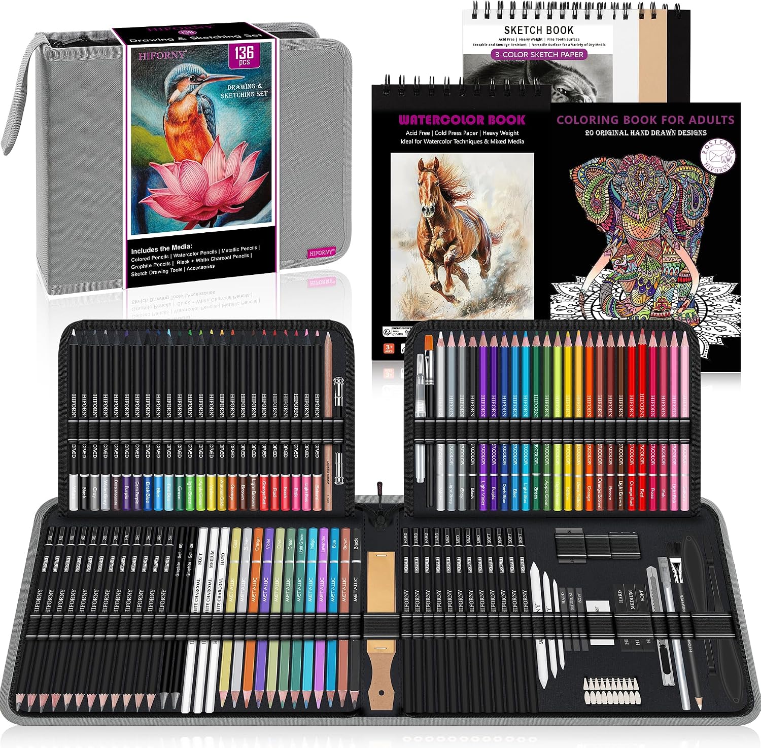 HIFORNY 136 PCS Drawing & Sketching Set,Pro Art Supplies with Graphite,Charcoal,Colored,Watercolor,Metallic Pencils,Blending Tools,Sketchbook,Watercolor Book and Coloring Book in Zipper Case (Grey)