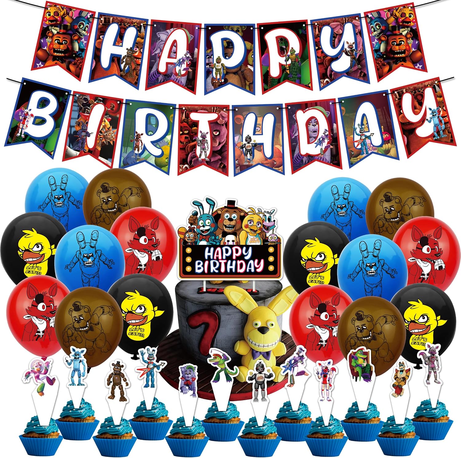 Five Nights at Freddy's Party Decorations FNAF Birthday Party Supplies Freddy's Birthday Decorations Banner Cake Toppers Balloons for Kids Birthday Party