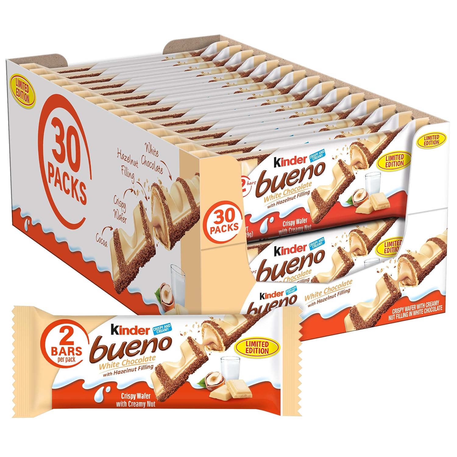 Kinder Bueno White Chocolate Bar, Full Size Candy Bars Bulk Share-Size Pack