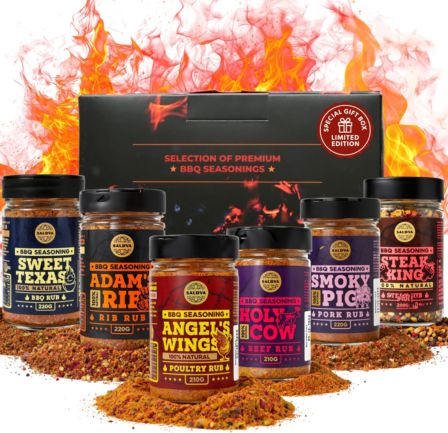 Meat Lovers BBQ Rub Gift Set - Holy Cow, Angel’s Wings, Smoky Pig, Sweet Texas, Steak King & Adam's Ribs BBQ Rubs | Pack of 6 | 100% Natural | Spice Gift For Foodie | Gift Set