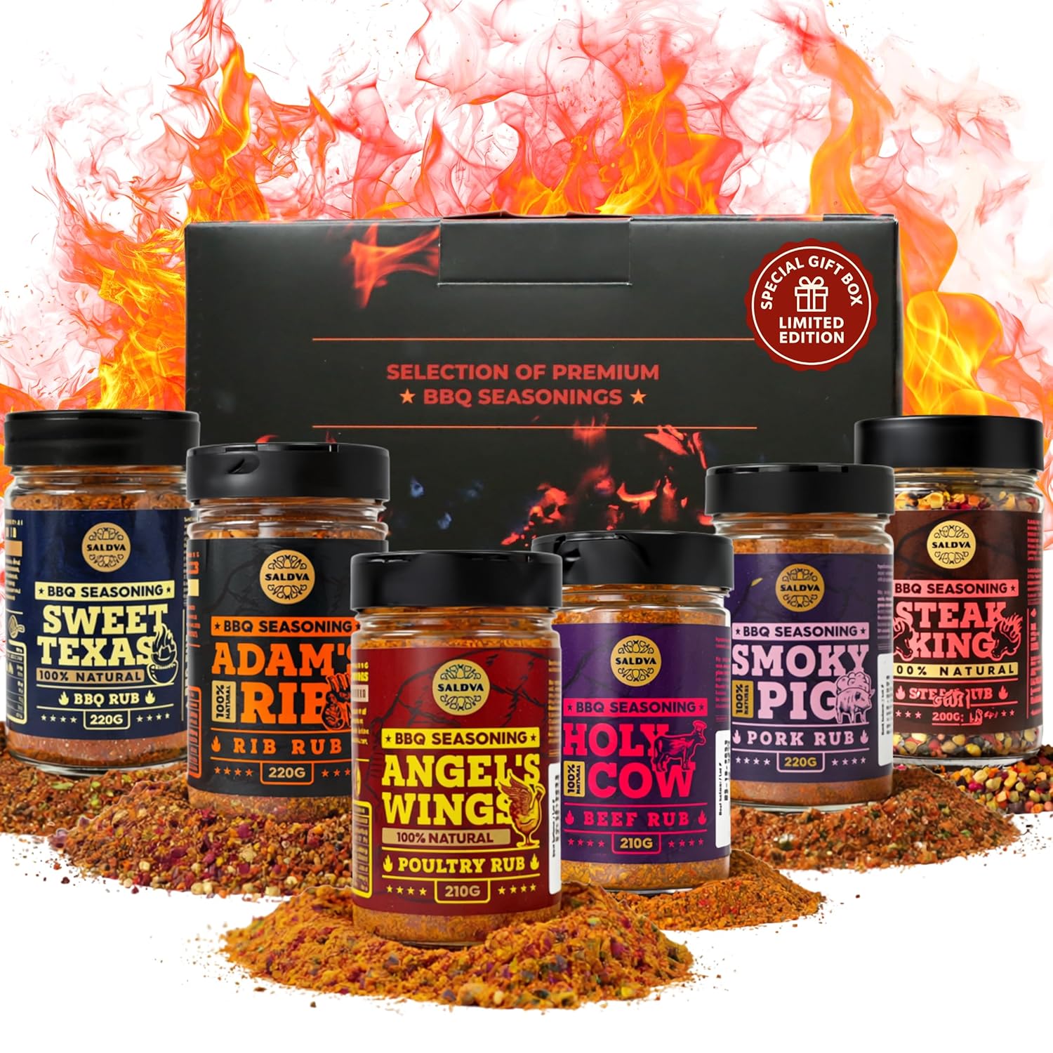 SALDVA Gift Selection of Premium BBQ Seasonings - Holy Cow, Angel’s Wings, Smoky Pig, Sweet Texas, Steak King & Adam's Ribs BBQ Rubs | Pack of 6 | 100% Natural | Spice Gift For Foodie