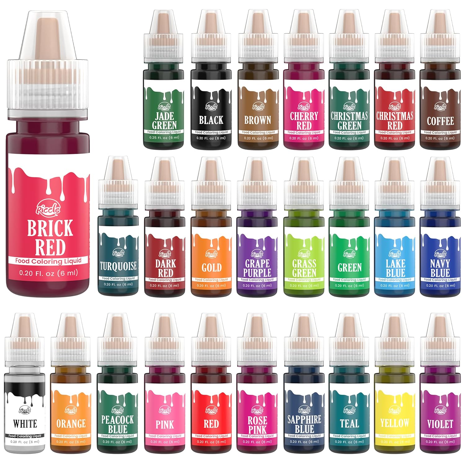 Riccle Food Coloring for Baking - 26 Bright Food Coloring Liquid Set for Cake decorations - 0.20 Fl. Oz (6 ml) / Bottle x 26 Food Dye for Icing, Christmas Cookie decorating Supplies Baking Supplies