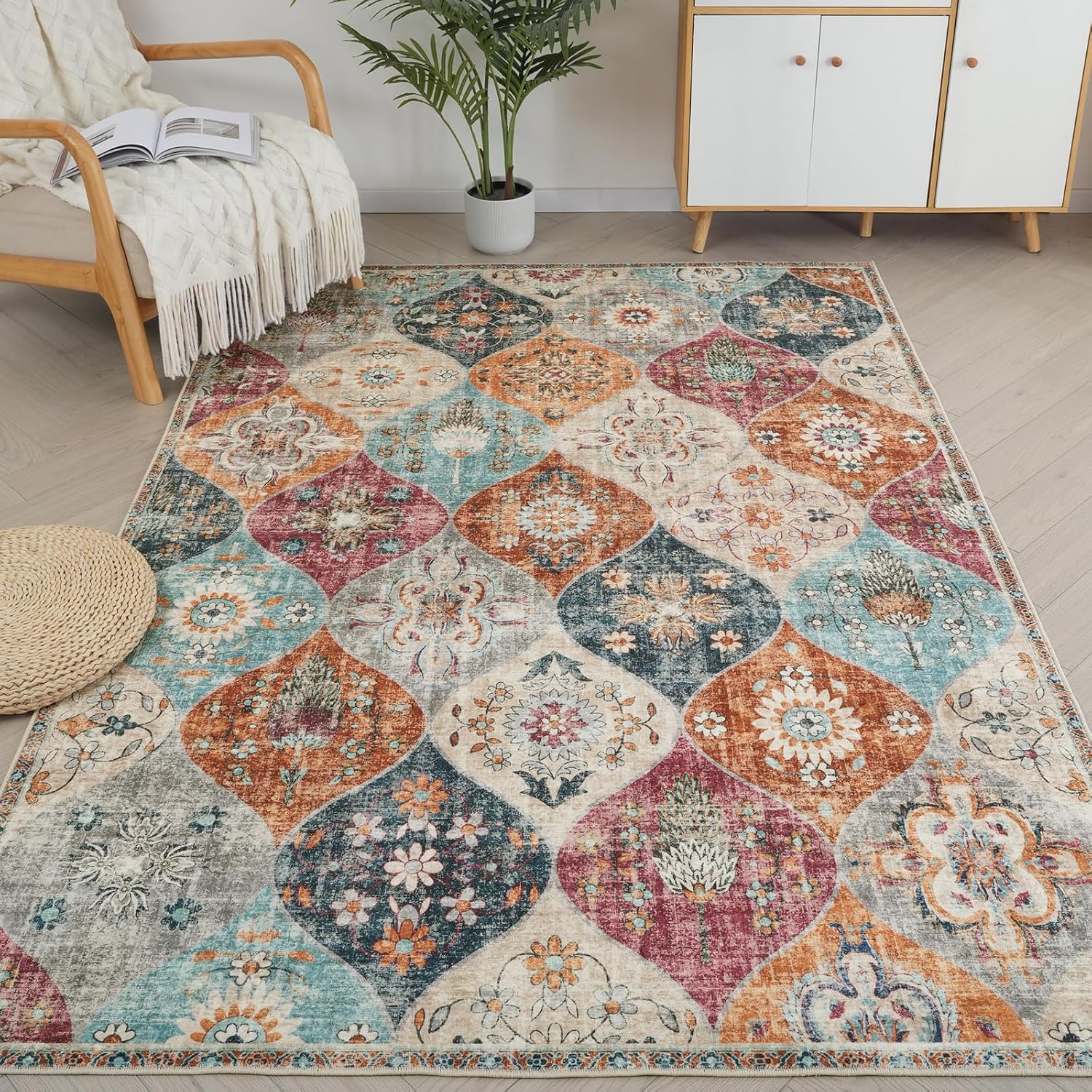 Xfrog Moroccan Small Area Rug, 80x150cm Washable Living Room Rug Ultra-Thin Rug for Entryway Non-Slip Stain Resistant Cream Carpet for Bathroom Laundry Bedroom Kids Room