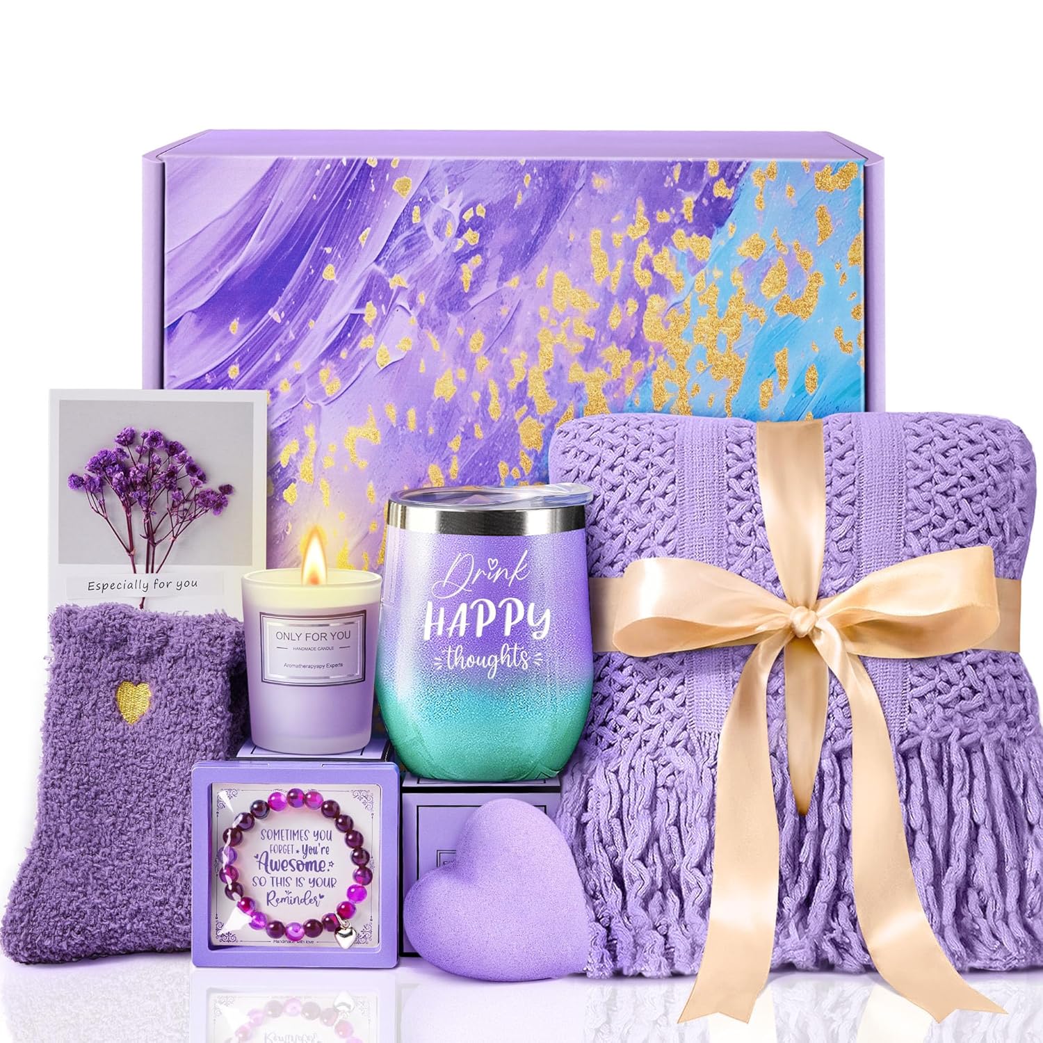 Christmas Gifts for Women Mom Daughter Her Wife Girlfriend Best Friend - Unique Birthday Valentines Mothers Day Gifts - Lavender Self Care Get Well Soon Gifts, Spa Gift Baskets w/Blanket Care Package