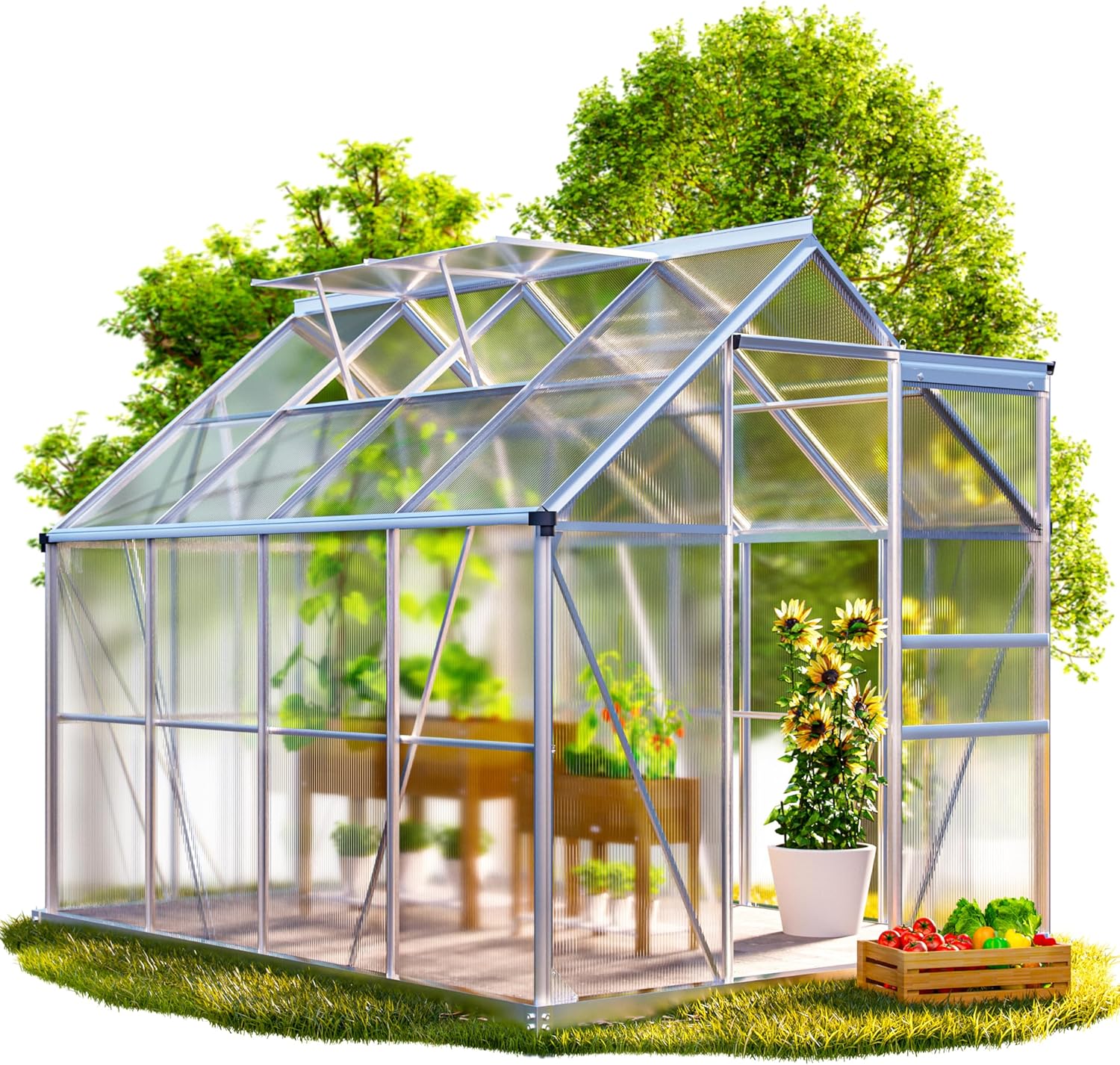 GARDEBRUK® Aluminium Greenhouse 6x8ft 4.8m² with Foundation and 2 Skylights | Polycarbonate Green House | Large Walk Garden Tomato House with Sliding Door | Plants Grow Nursery Cultivation