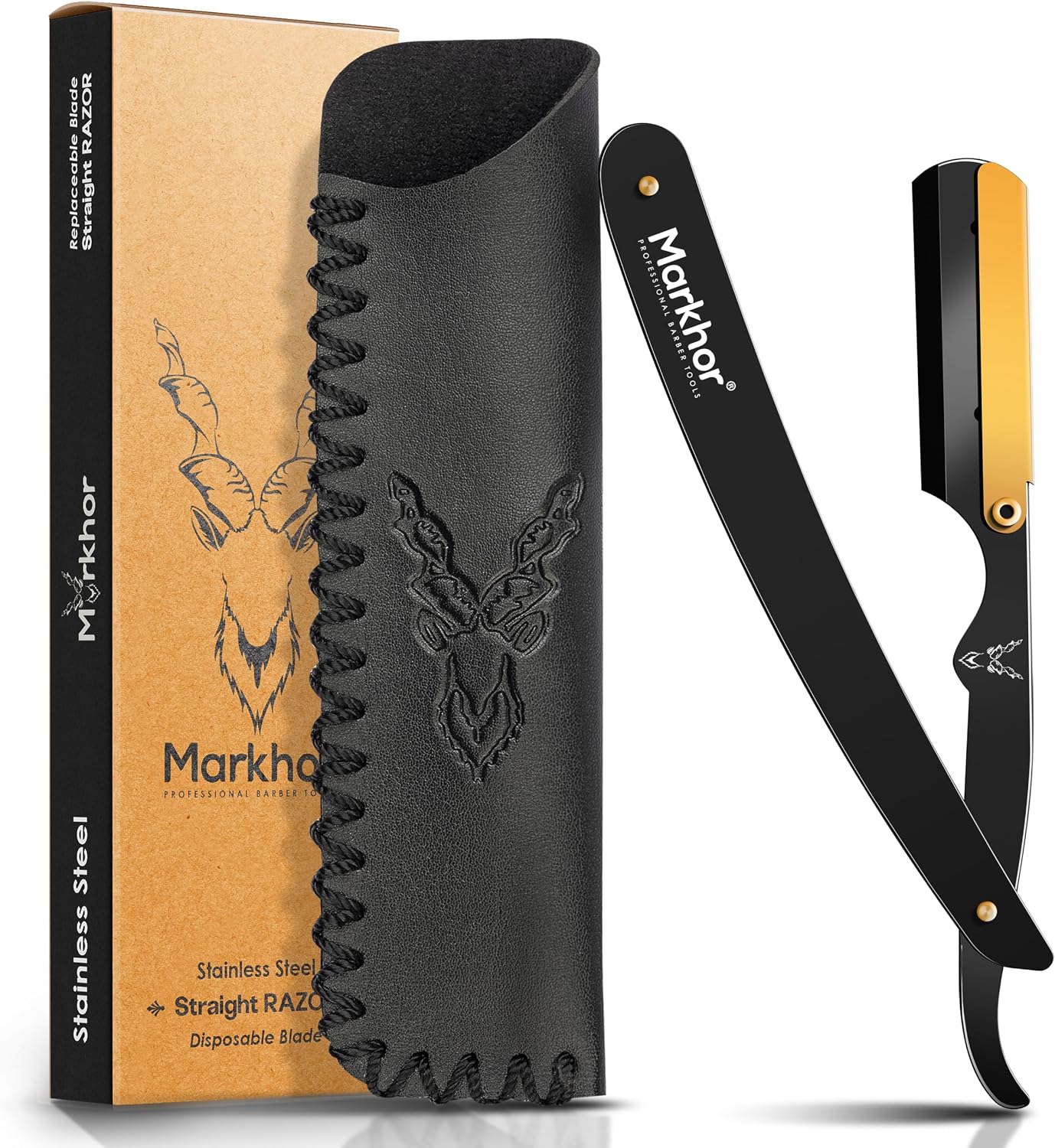 Markhor® Matte Black with 24K Gold Plated - Cut Throat Razor Kit – Mens Straight Razor, Barber-Grade Cutthroat Razor, Professional Straight Edge Beard Razor for a Clean & Precise Shave