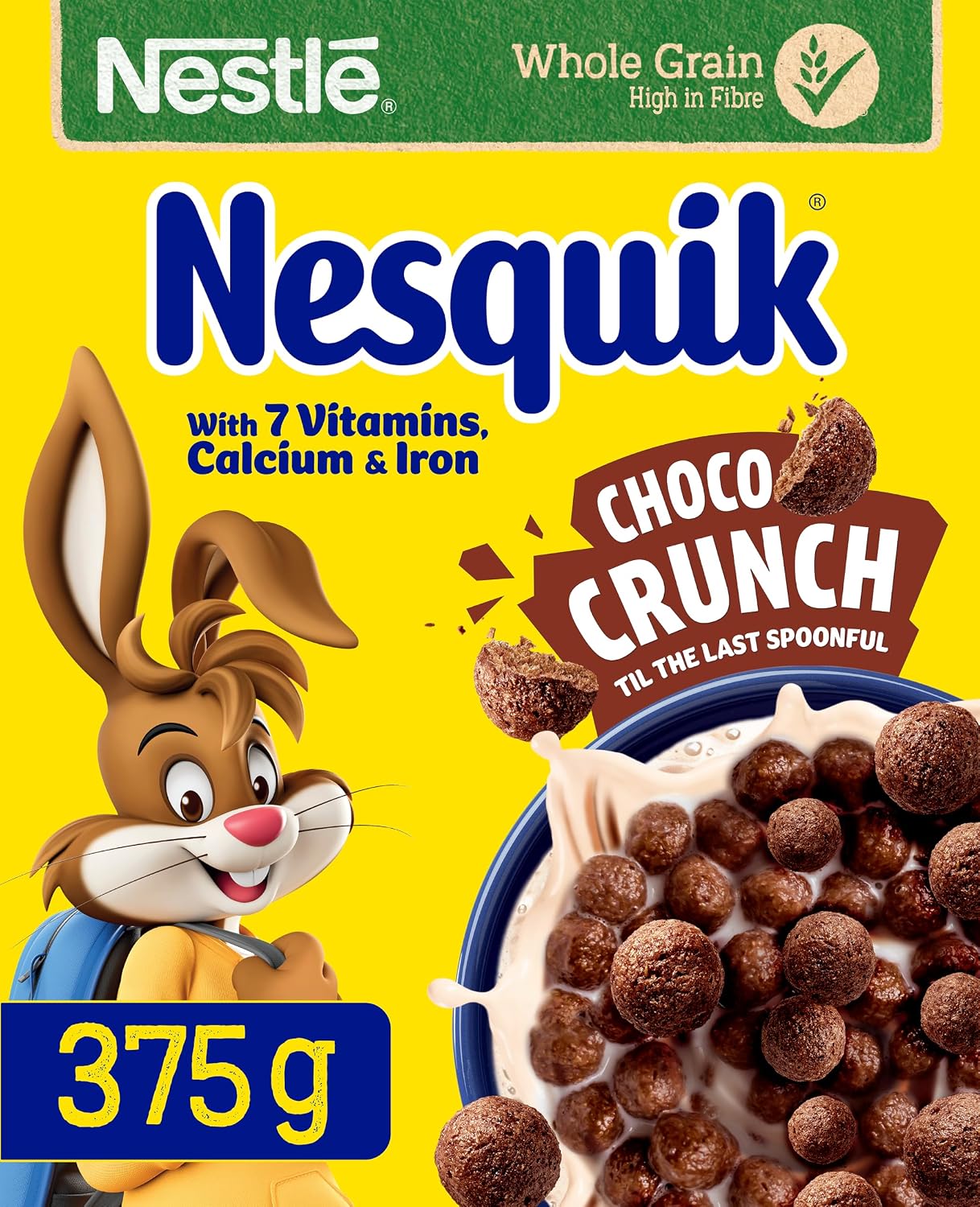 Nestlé Cereals - Nesquik Breakfast Cereal - Bitesize Chocolate Wholegrain Puffed Balls - High Fibre, 7 Vitamins, Calcium & Iron - 375g