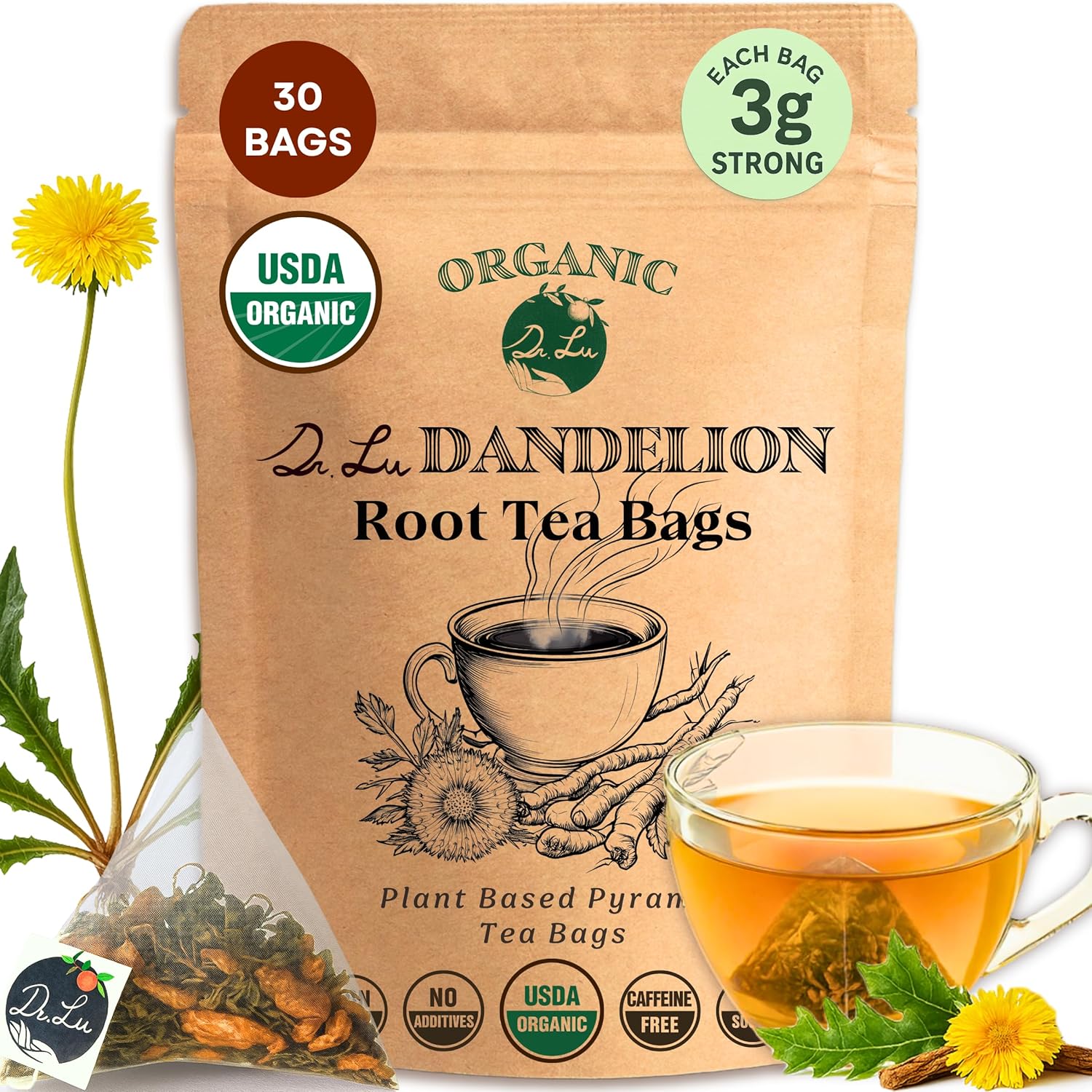 Dr. Lu Organic Dandelion Root & Leaf Tea | Wild-Harvested in Eastern Europe | 100% Natural Liver & Detox Support | 30 x 3g High-Intensity Brew Corn Fiber Pyramid Bags (No Plastic, No Nylon)