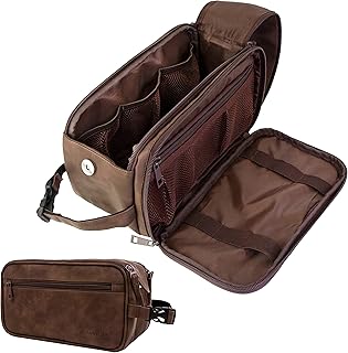 PAVILIA Toiletry Bag for Men, Travel Essentials Shaving Dopp Kit, Mens Travel Bag Toiletries Organizer Case for Grooming, PU Leather Water Resistant Cosmetic Bag Pouch (Dark Brown)