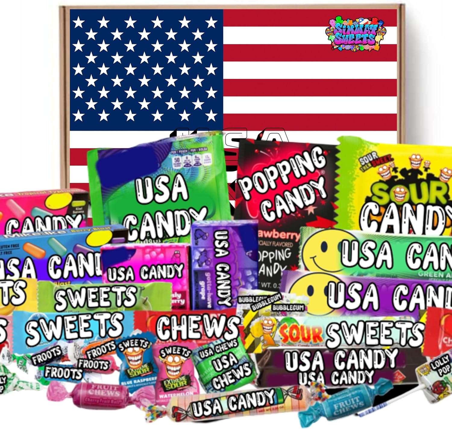 American Sweets Gift Box - Imported USA Candy Hamper - Includes 30 Assorted Treats, Mixed Flavours & Favourite Brands By Simway Sweets