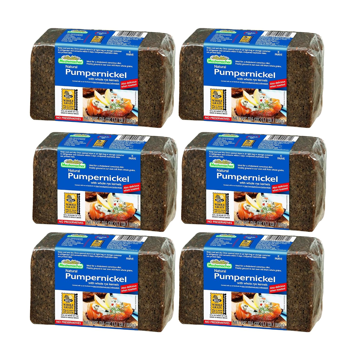 Mestemacher Pumpernickel Bread, 17.6 Oz – Authentic German Whole Rye Pumpernickel Bread, Dense European Bread, High Fiber, Non-GMO, Ready to Eat, Long Shelf Life (Pack of 6)