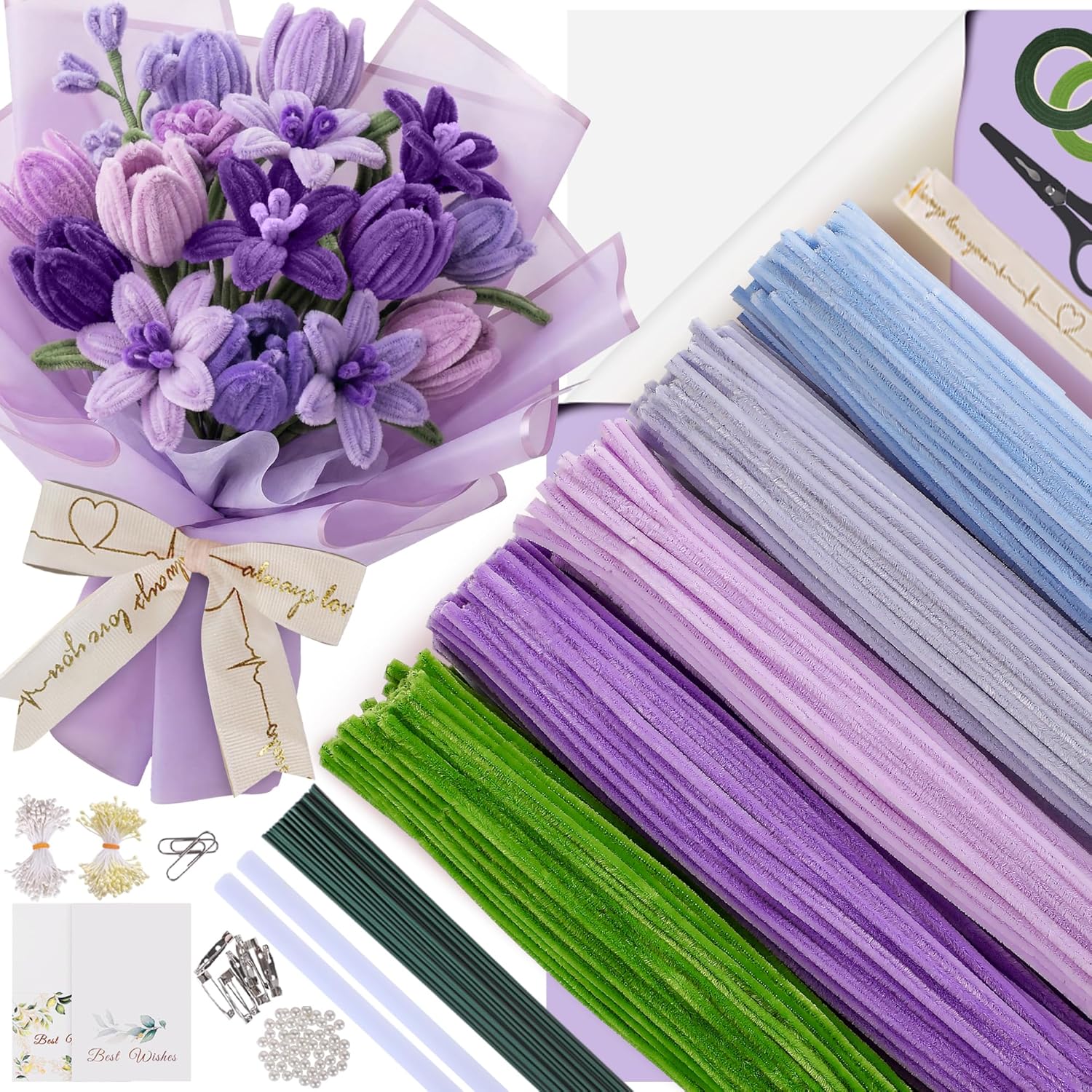 500 Pcs Pipe Cleaners Craft Kit for Flower Making, Complete DIY Flower Craft Set with Chenille Stems, Craft Wire, Stamen, Tape, Ribbon & More, Perfect for Arts, Gifts & Decorations