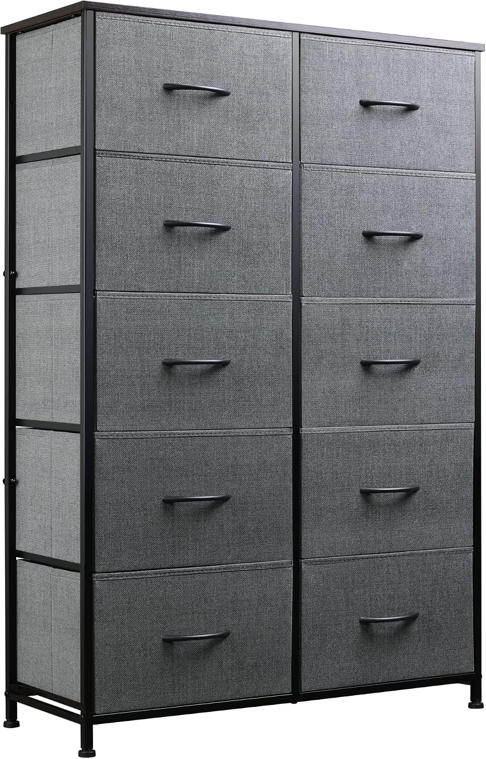 WLIVE Tall Dresser for Bedroom with 10 Fabric Drawers, Organizer Units for Living Room, Clothing, Closet, Storage Tower with Cabinet, Metal Frame, Wooden Top, Furniture, Dark Grey