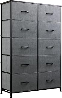 WLIVE Tall Dresser for Bedroom with 10 Fabric Drawers, Organizer Units for Living Room, Clothing, Closet, Storage Tower with Cabinet, Metal Frame, Wooden Top, Furniture, Dark Grey