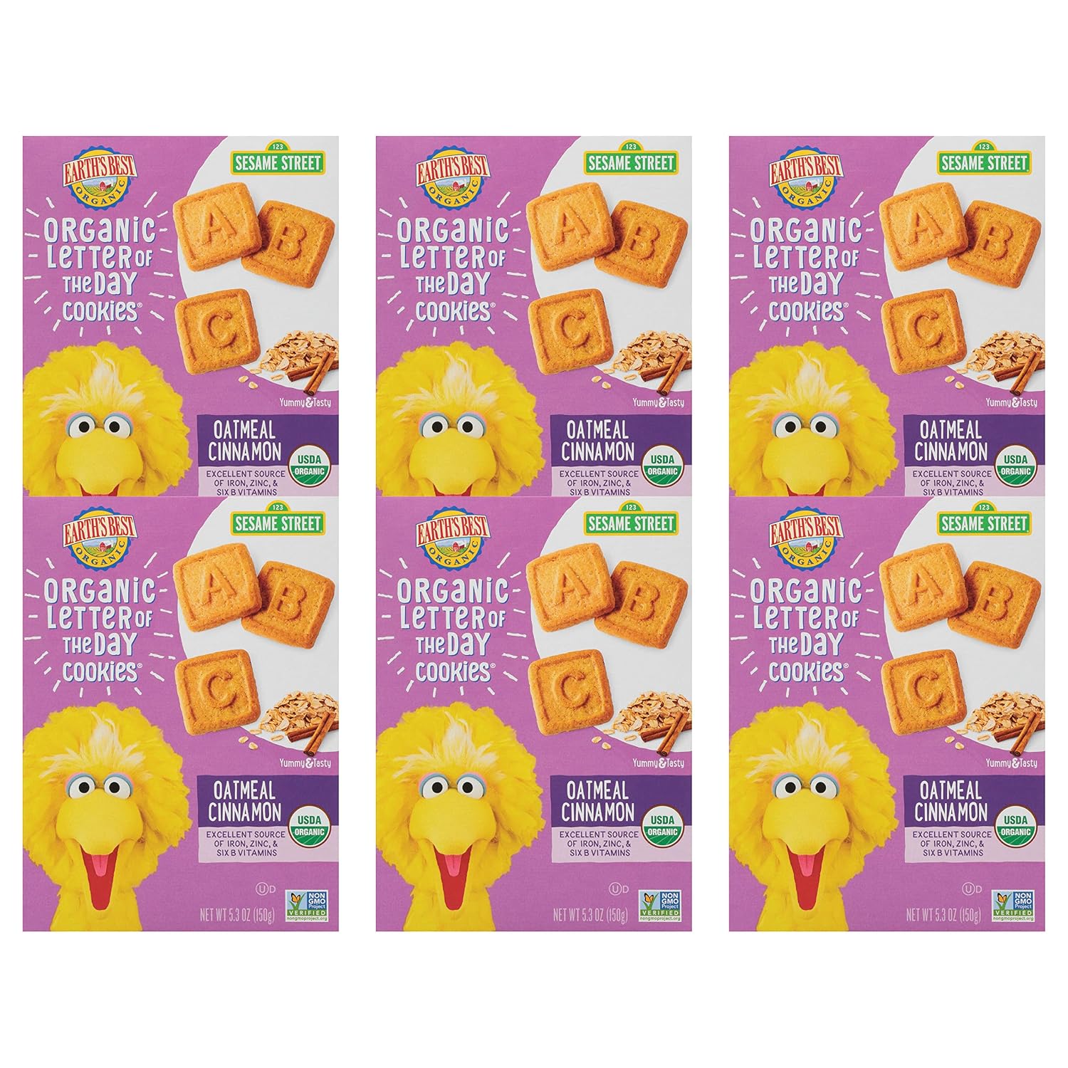 Earth's Best Organic Kids Snacks, Sesame Street Toddler Snacks, Organic Letter of the Day Cookies for Toddlers 2 Years and Older, Oatmeal Cinnamon, 5.3 oz Box (Pack of 6)