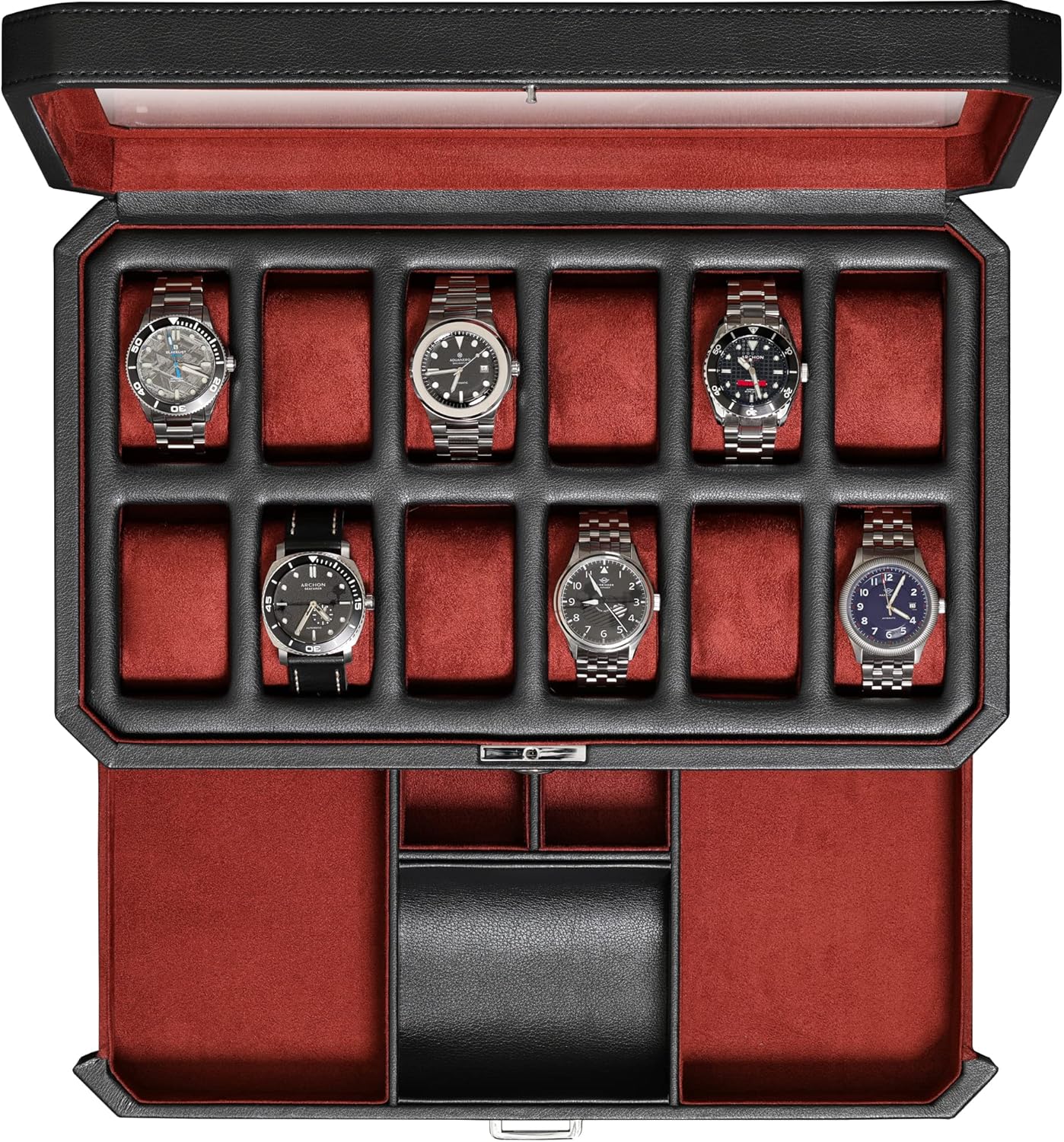 Watch Box with Valet Drawer for Men - 12 Slot Luxury Watch Case Display Organizer, Microsuede Liner, Locking Mens Jewelry Watches Holder, Men's Storage Boxes Holder Large Glass Top (Black / Red)