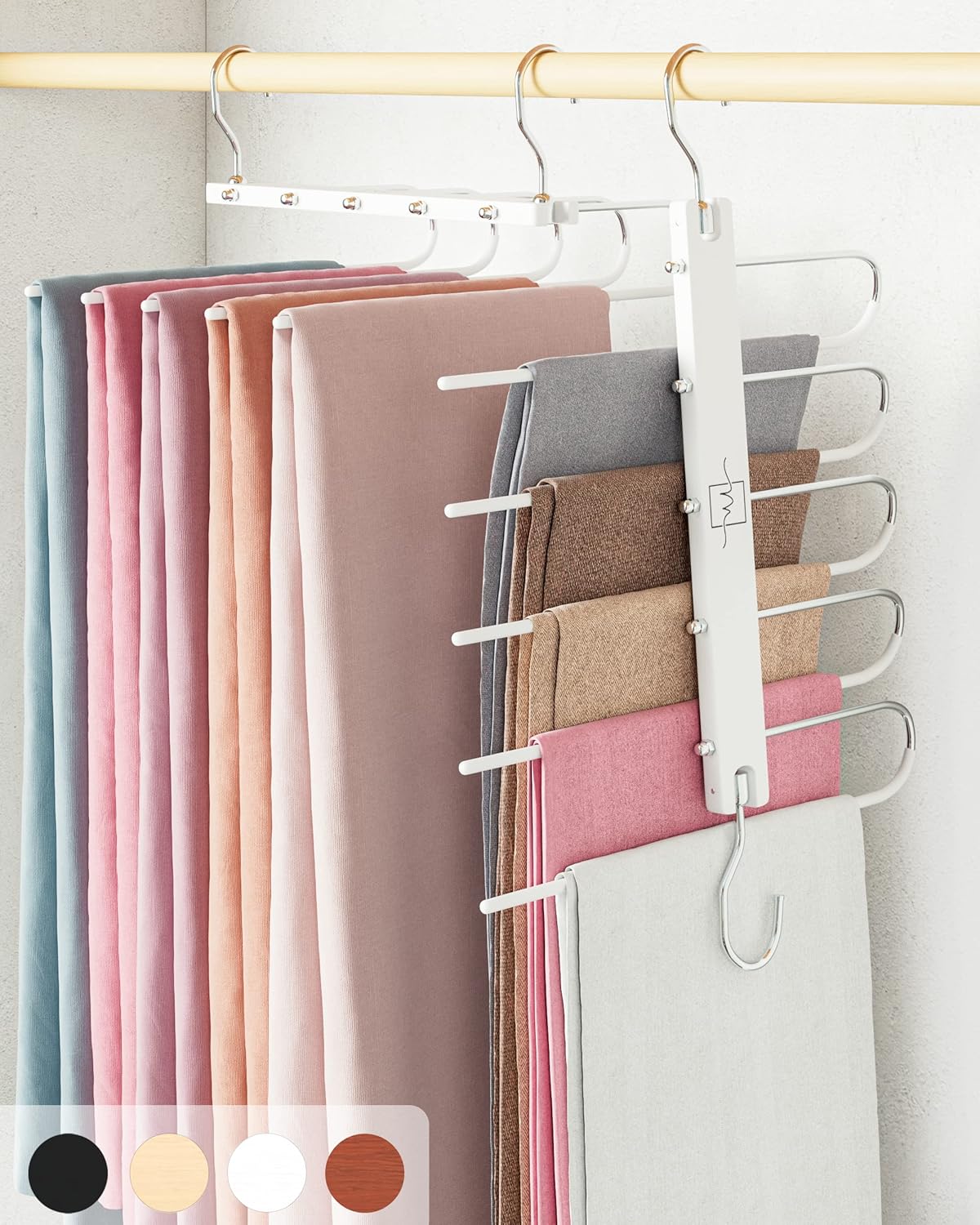 MORALVE Trousers Hangers Space Saving - 2 Pack European Beechwood Scarf and Jeans Hangers - Wardrobe Organiser and Space Saver Trouser Rack, Leggings Hanger, and Scarf Holder with 360° Swivel Hook