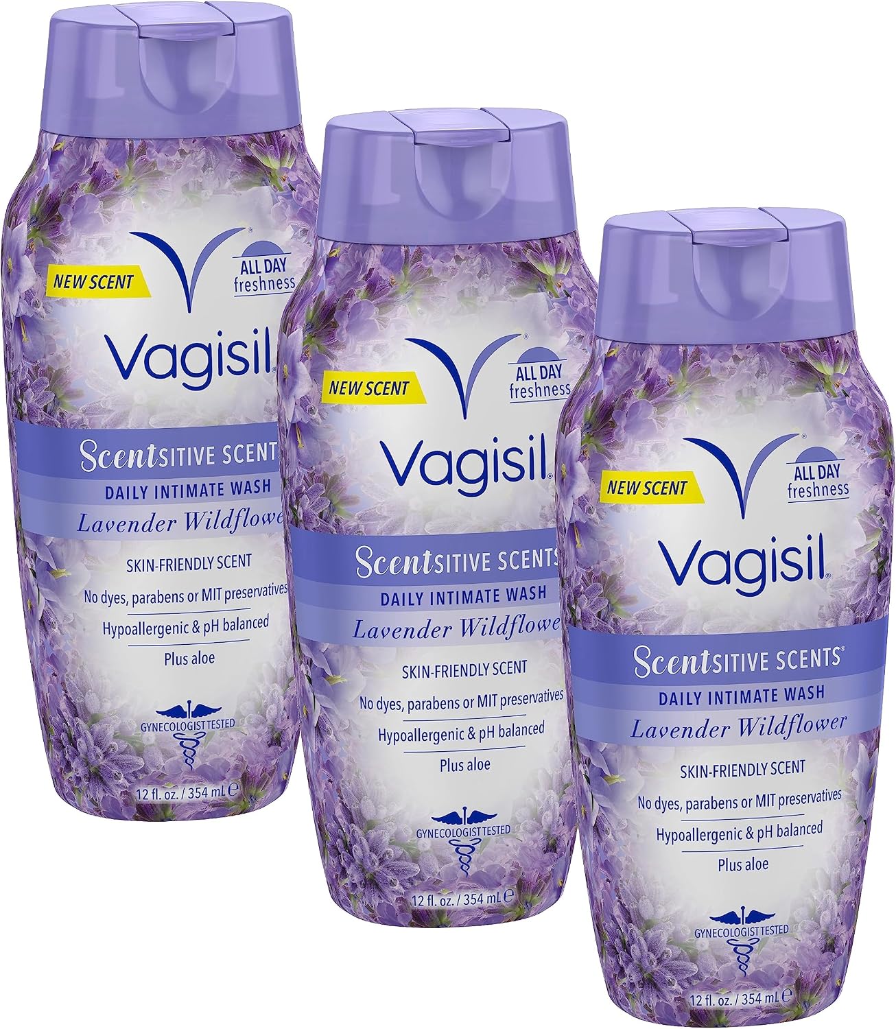 Vagisil Feminine Wash for Intimate Area Hygiene, Scentsitive Scents, pH Balanced and Gynecologist Tested, Spring Lilac, 12 oz (Pack of 3)