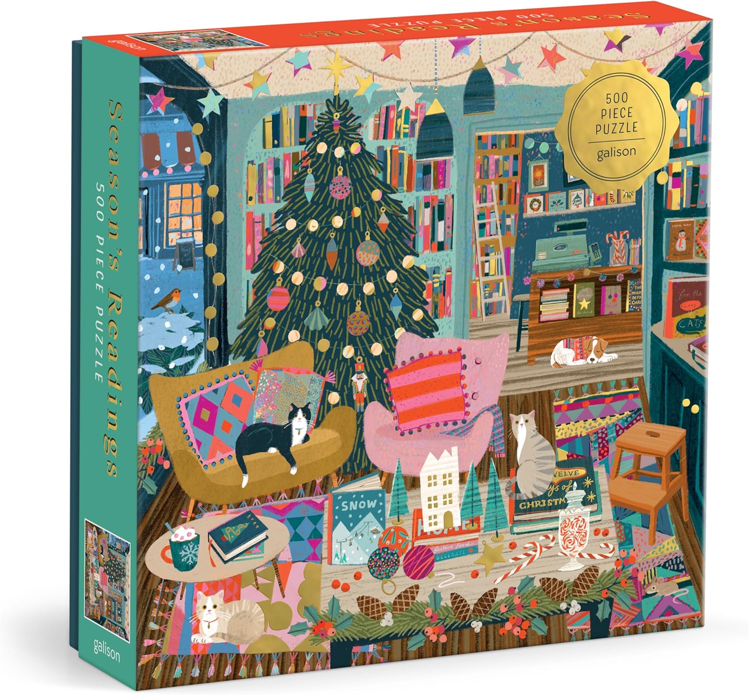 Galison Season's Reading – 500 Piece Foil Jigsaw Puzzle Featuring Beautiful Artwork of A Cozy Christmas Bookshop Scene with Gold Foil Accents