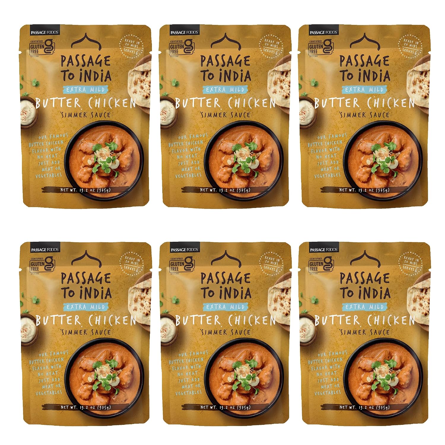 PASSAGE TO INDIA Butter Chicken Sauce – Extra Mild Authentic Butter Chicken Flavor – Indian Food Simmer Sauce – 13.2oz (6Pack)