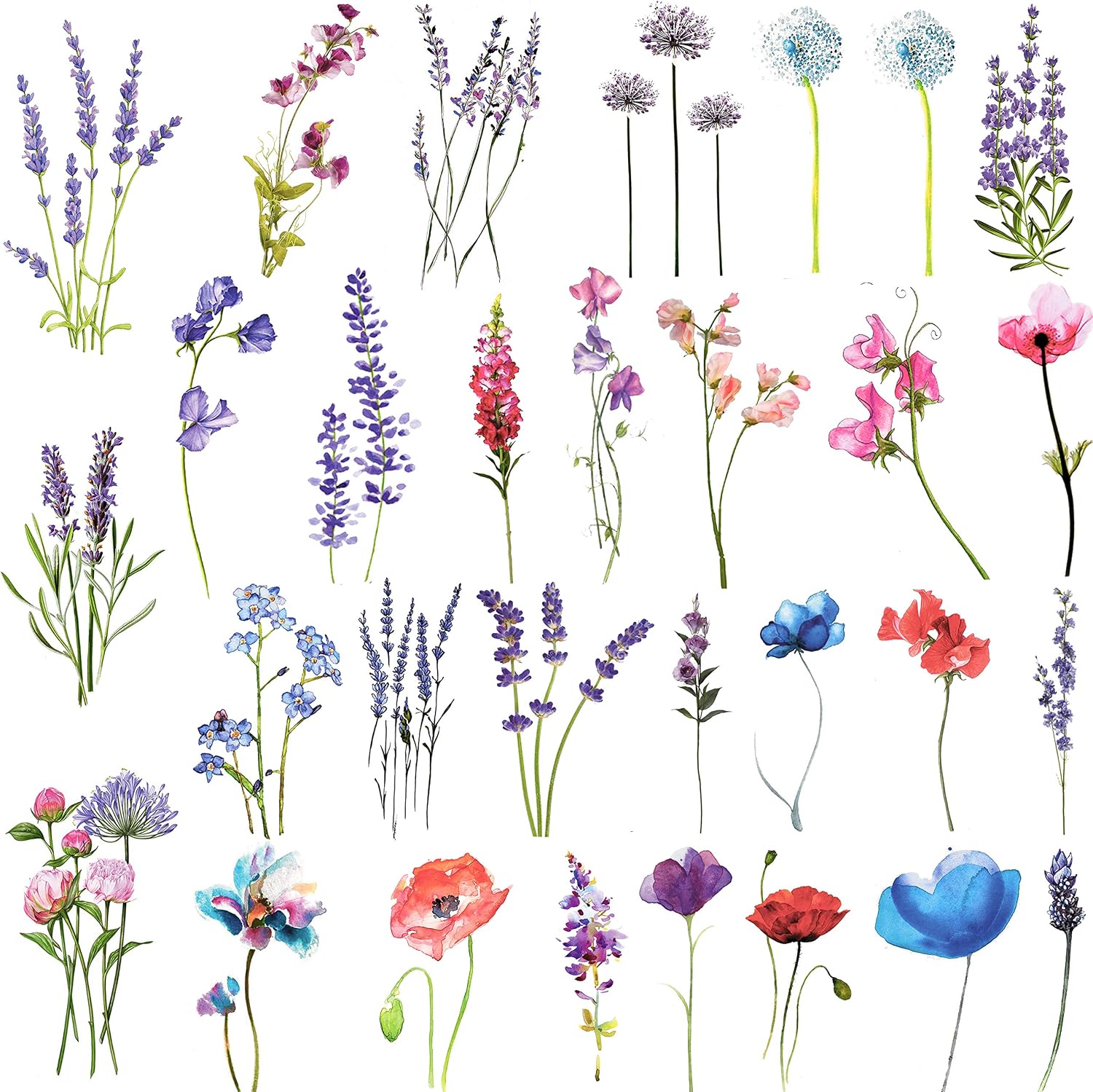 COKTAK 12 Sheets Watercolor Purple Violet Lavender Temporary Tattoos For Women Tiny Wild Plant Sweet Pea Morning Glory Flowers Fake Tattoos Temporary For Girl Kids Hand Face Ankle Neck Tatoos Stickers