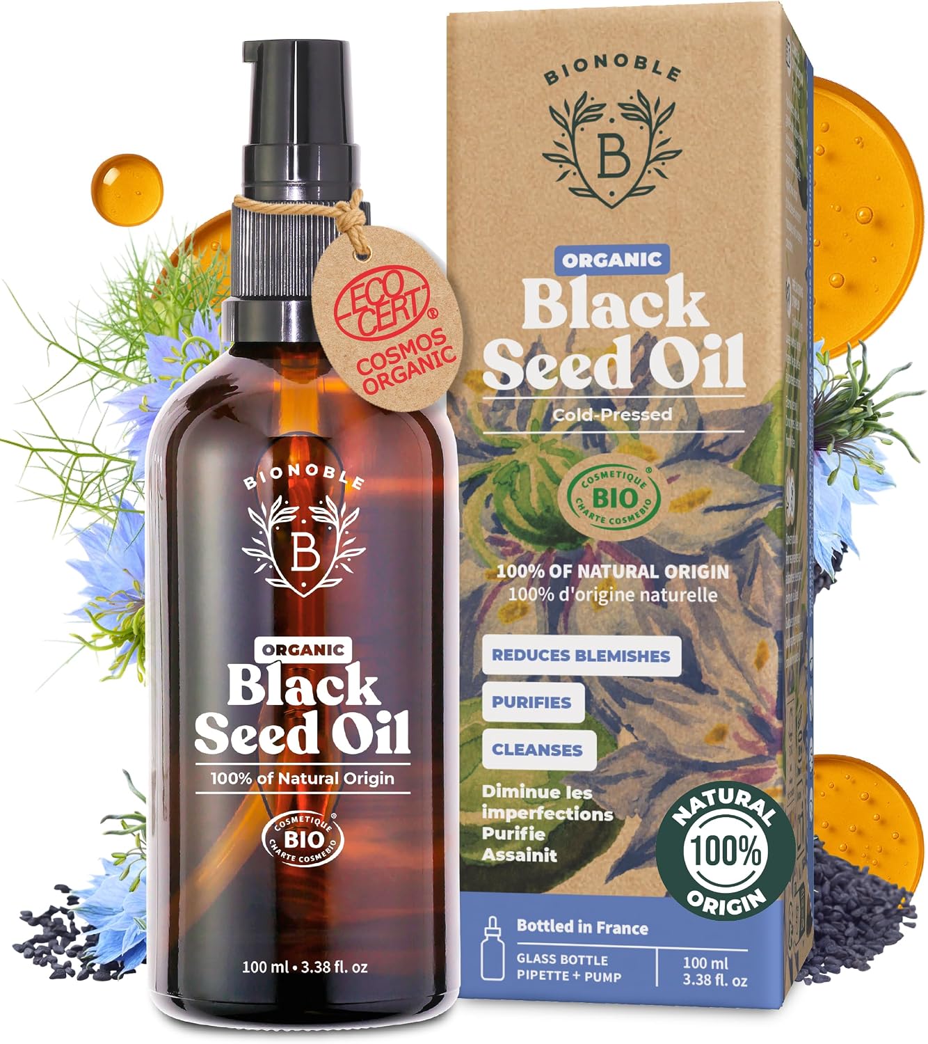 BIONOBLE Black Seed Oil Organic Cold Pressed, 100% Pure, Hair, Skin - 100ml