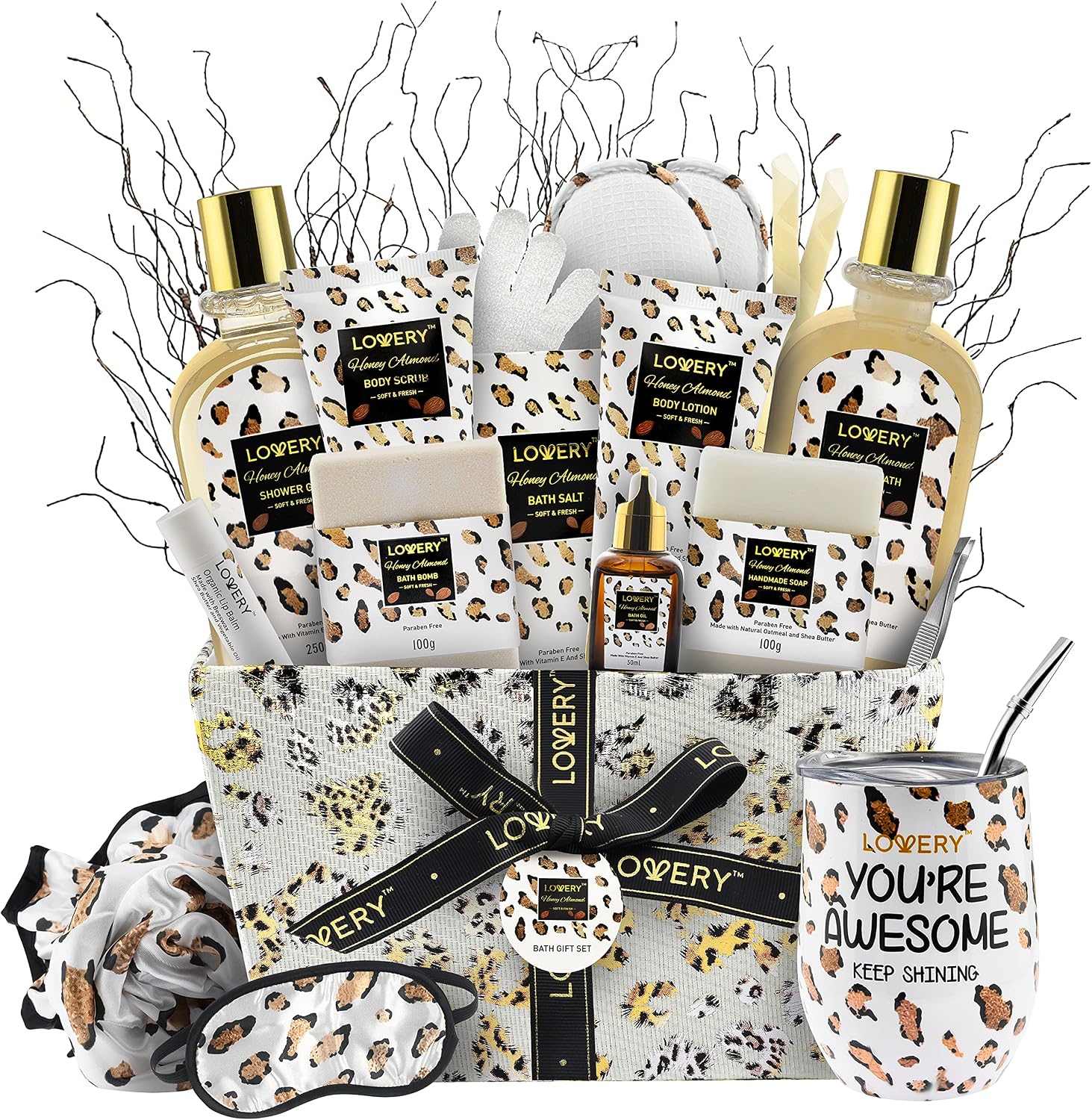 Home Spa Kit in Honey Scent Christmas Gift Basket with Vit E-Rich Bath Essentials for Bath Tumblers Ear Candles Bath Oil Salts Steamer