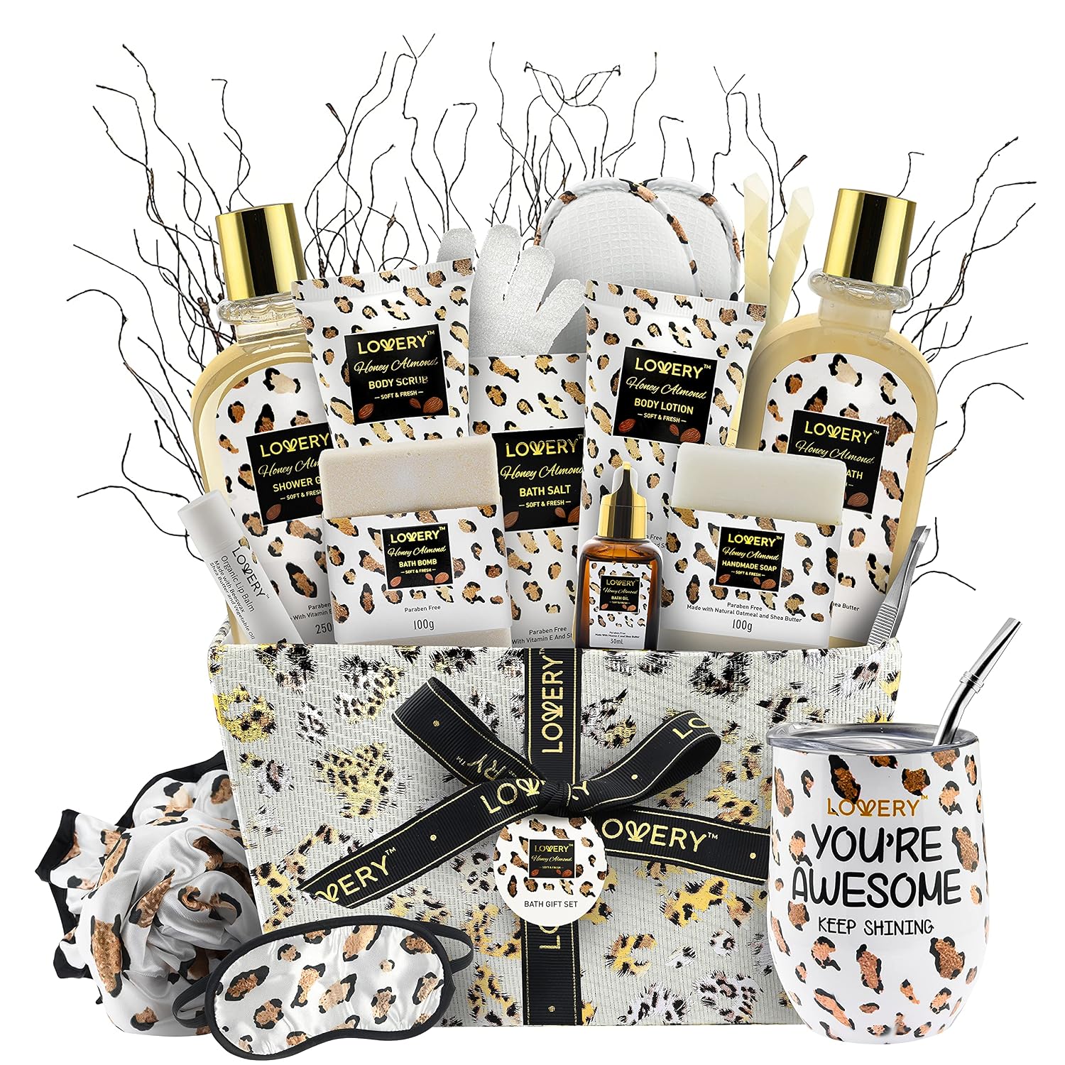 Luxury At-Home Spa Kit with Honey Almond Scent - Bath Gift Basket with Vit E-Rich Bath Essentials, Tumbler, Ear Candles, Bath Oil, Salts, Shower Steamer, Organic Lip Balm & More in Leopard Basket, 21