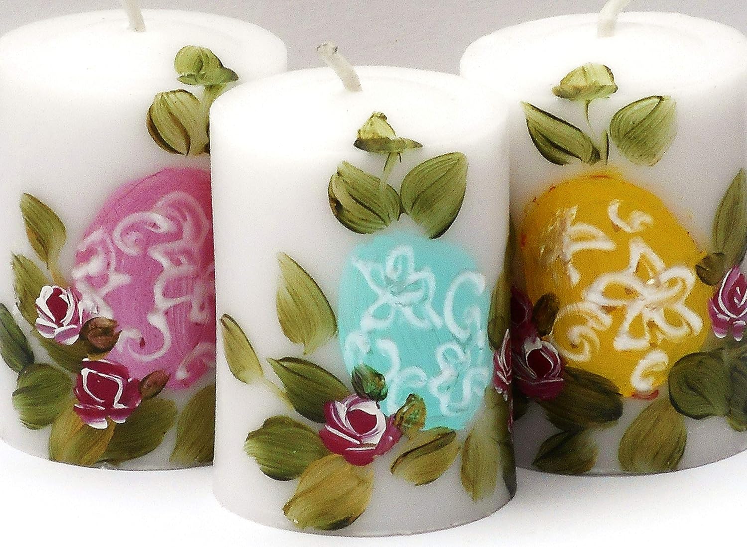 Small 2 Inch Tall Decorative Hand Painted Pastel Easter Egg Votive Candles with Tiny Roses and Vines Set of Three Spring Decorations