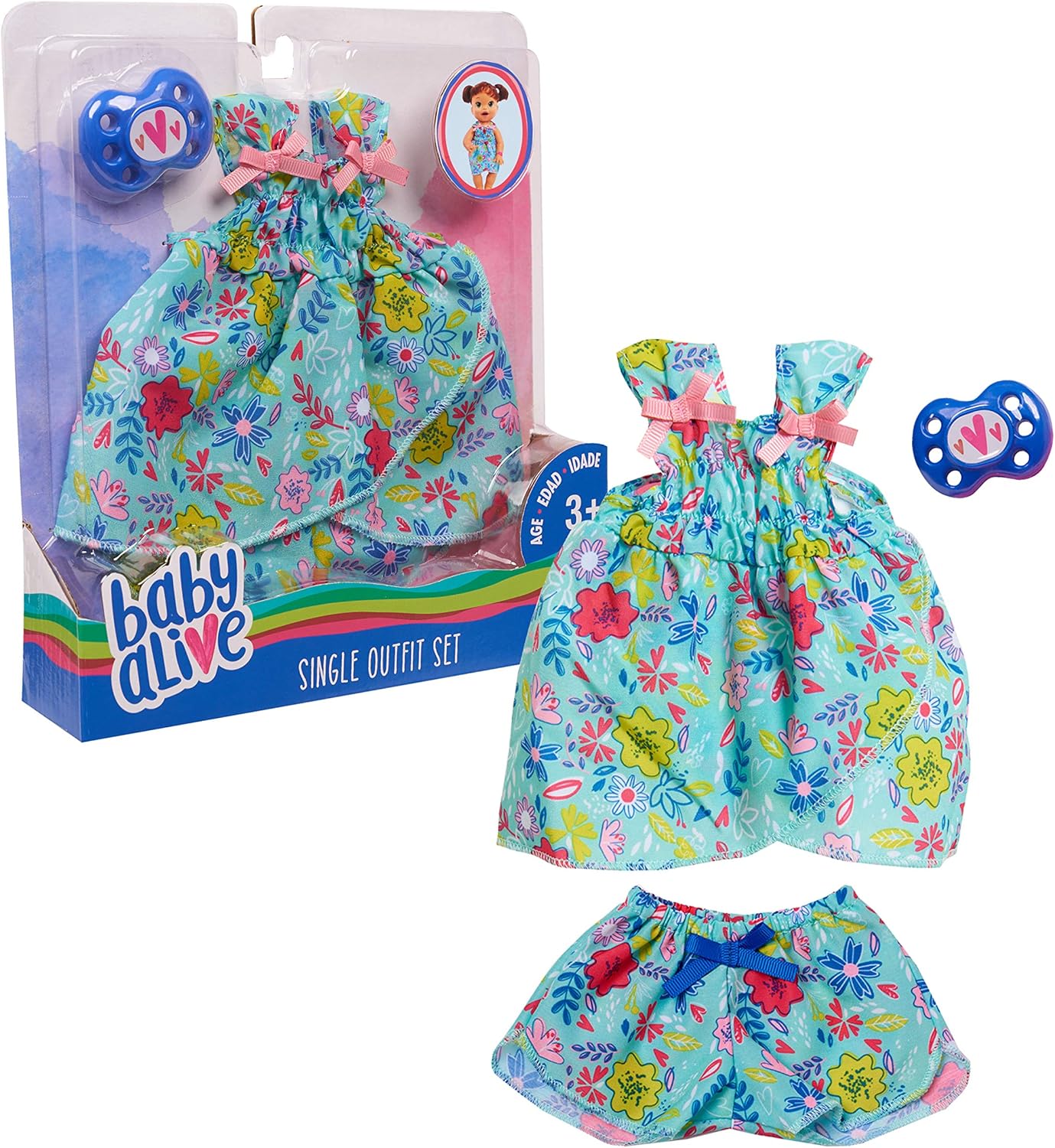 Baby Alive Single Outfit Set for Baby Dolls (Doll Sold Separately), Teal and Floral Print Blouse and Play Pacifier, Kids Toys for Ages 3 Up by Just Play