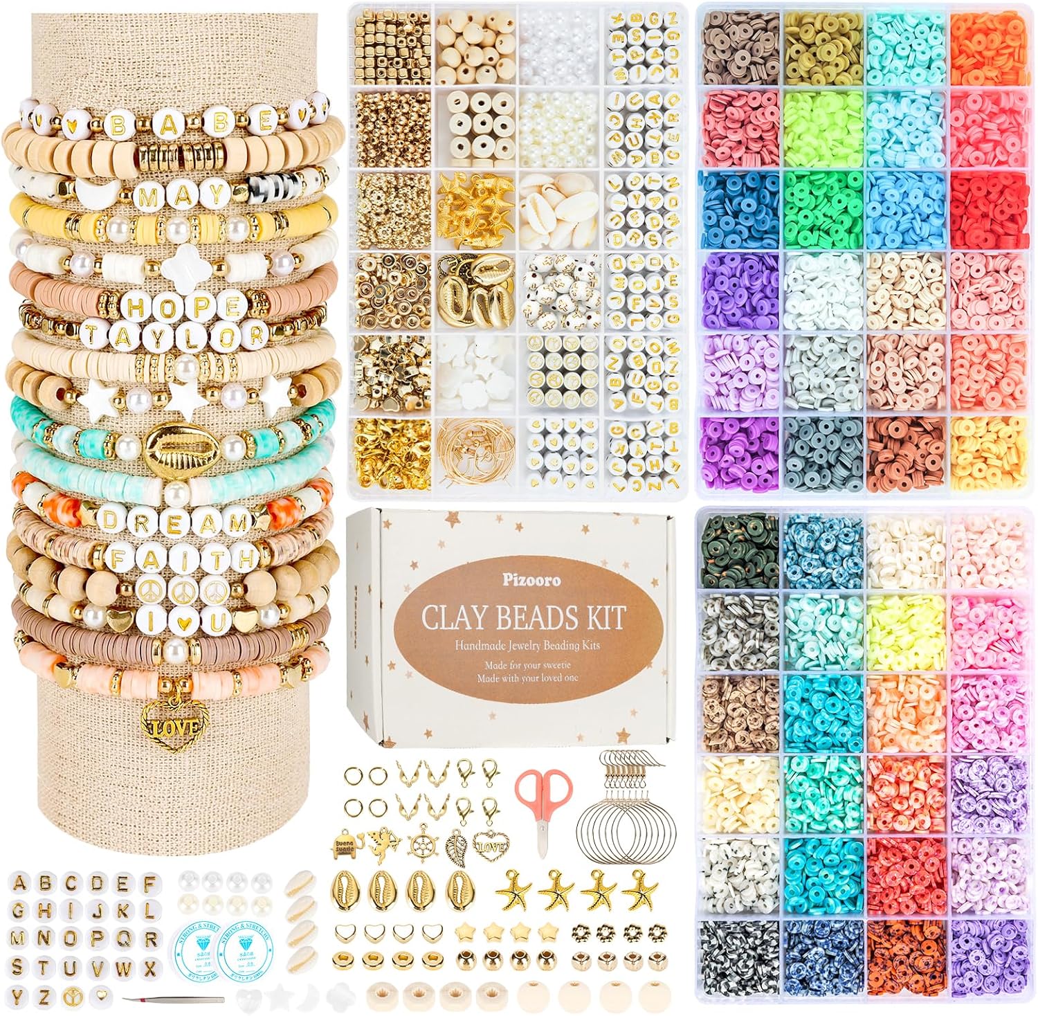 Pizooro Clay Beads 3 Boxes Bracelet Making Kit, 10500pcs Beads for Jewelry Making, Letter Beads with Charm and Elastic Strings, Friendship Bracelets Holiday Gifts for Girls Adults