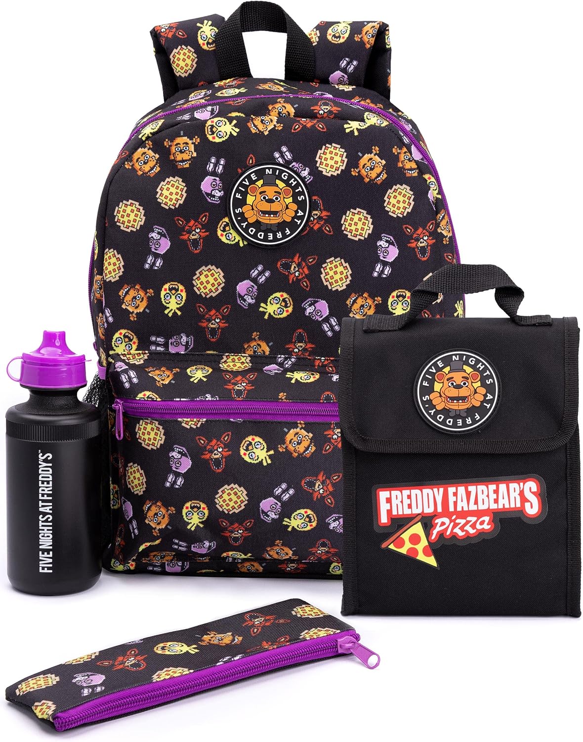 FIVE NIGHTS AT FREDDY'S Boys Backpack FNAF Merchandise Freddy Chica Foxy Bonnie School Rucksack for Kids Pencil Case & Water Bottle
