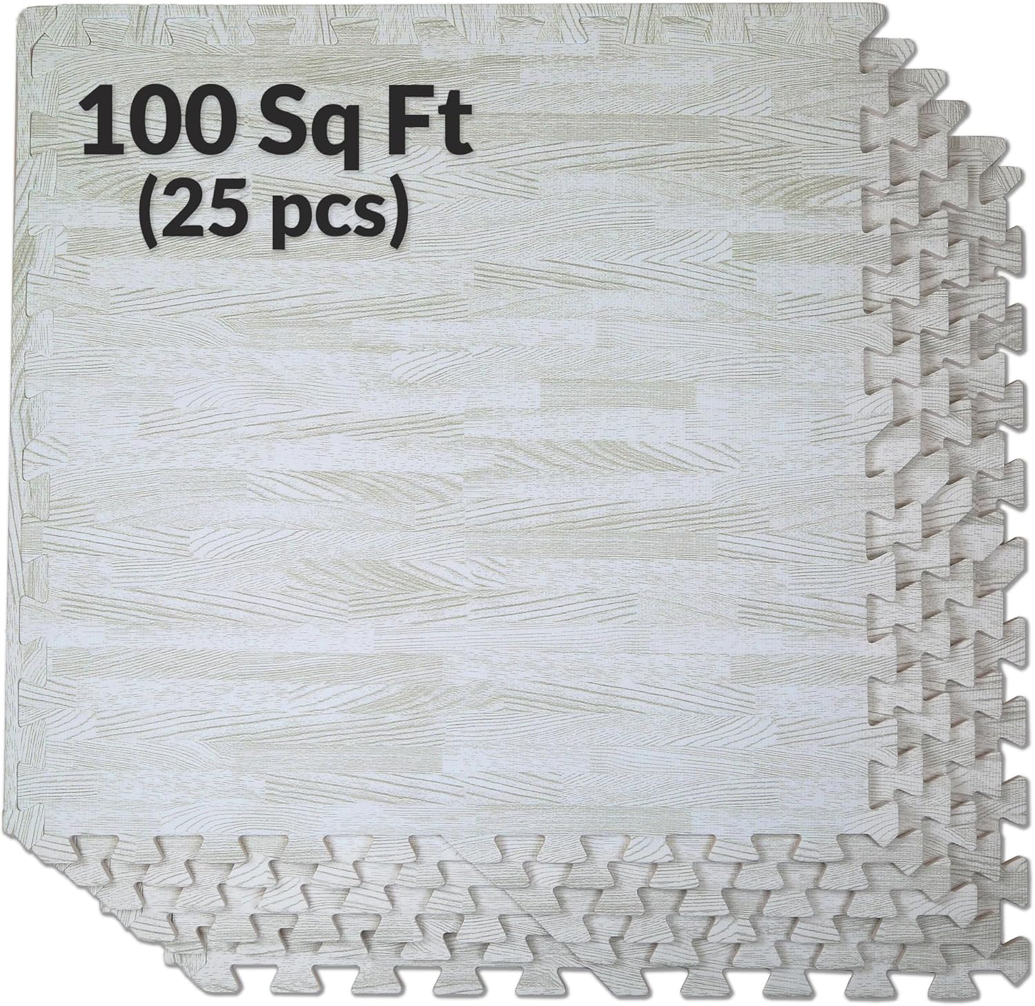 Home Aesthetics 100 Sq. Ft 3/8 Inch Thick Printed Foam Tiles Interlocking Foam Mat, 24" x 24", 25 pcs, White Wood Grain Style Protective Flooring, for Home, Exercise or Trade Show