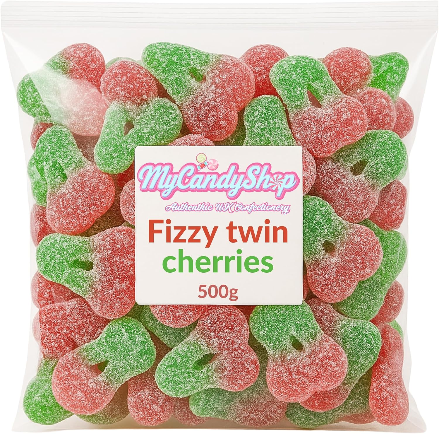 MyCandyShop Fizzy Twin Cherries 500g - Halal Sweets with Tangy Sugar Coating & Chewy Gummy Centre - Cherry Sweets in Red & Green for pick and mix, Candy Jars & Snacking - Fruity Sour Treats